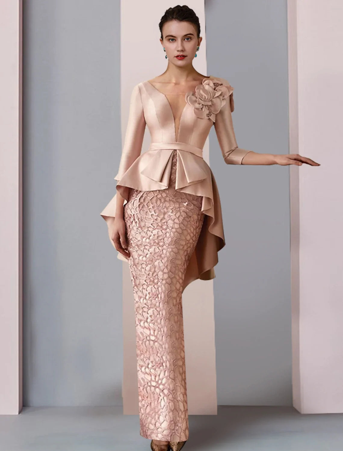 Sheath V-Neck Satin Three-Quarter Sleeve Ruffled Floor-Length Wedding Dress - Chloe Dress
