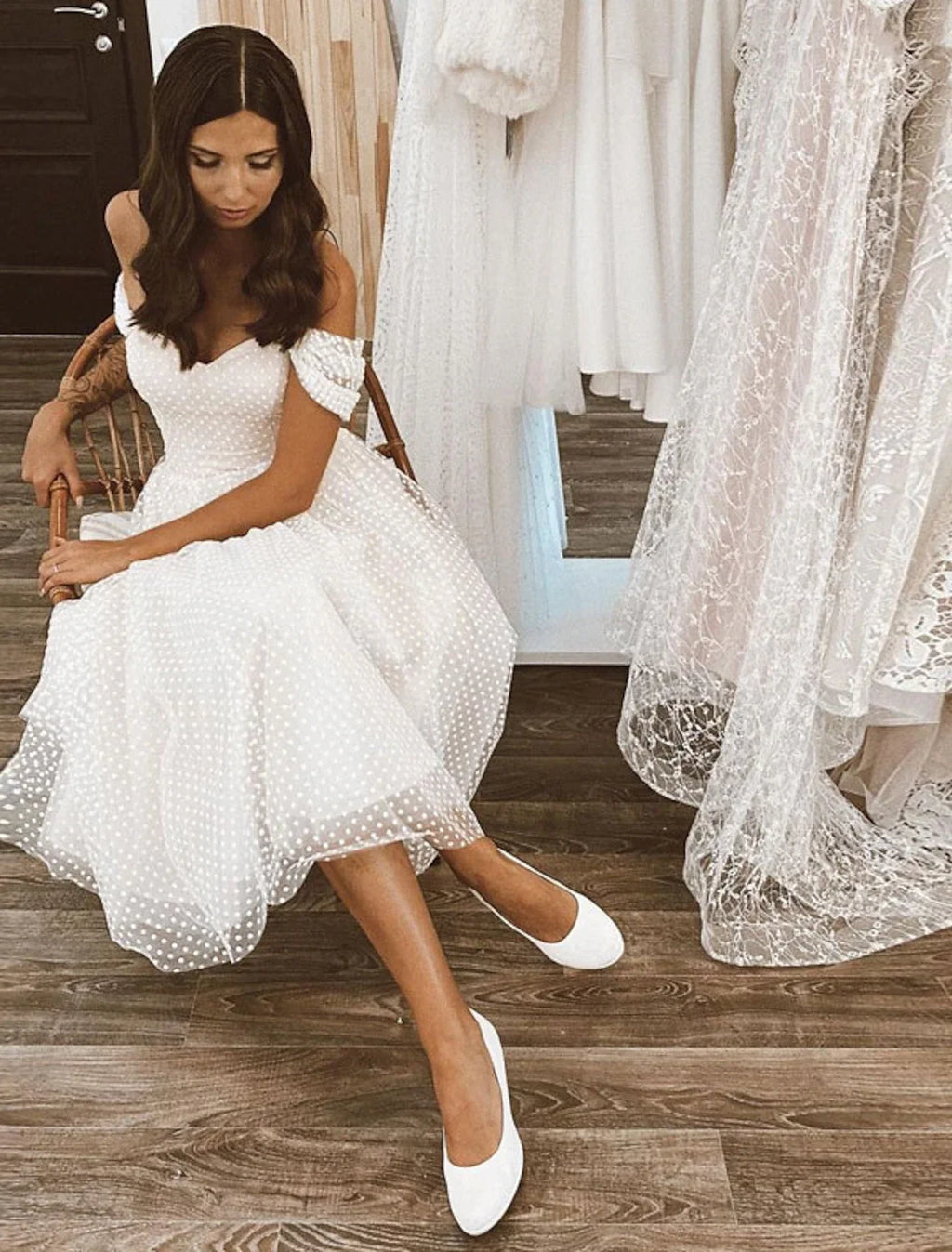 White A-Line Off-Shoulder Tulle Cap Sleeve Knee-Length Wedding Gown - Chloe Dress