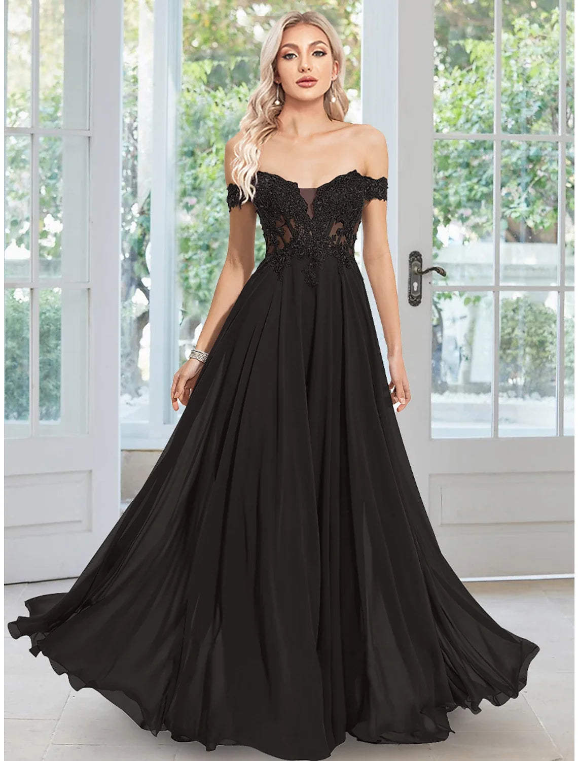 A-Line Off-Shoulder Chiffon Sleeveless Applique Floor-Length Evening Gown - Chloe Dress