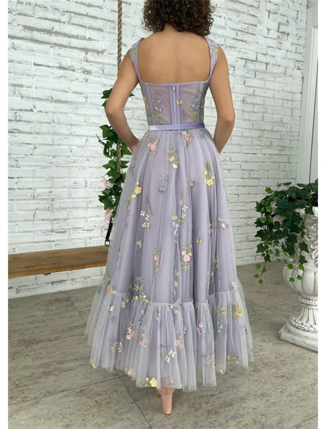 A-Line Square Neck Lace Short Sleeve Pleated Floor-Length Evening Dress - Chloe Dress