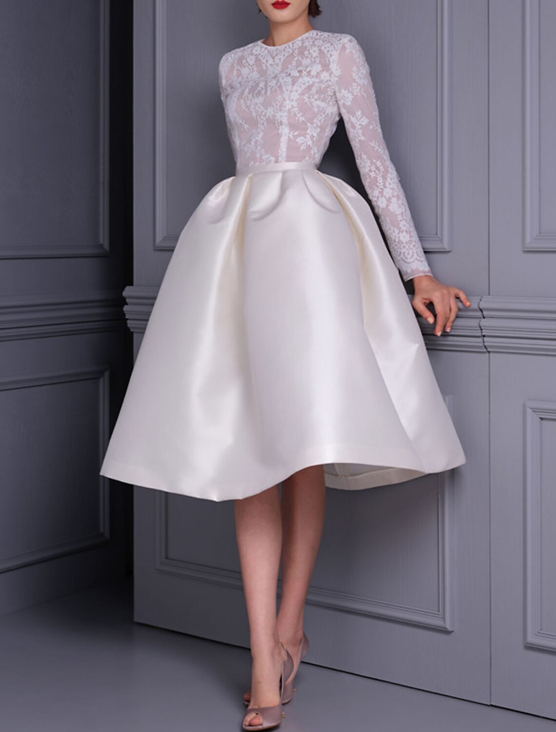 A-Line Satin Long Sleeve Applique Knee-Length Wedding Dress - Chloe Dress