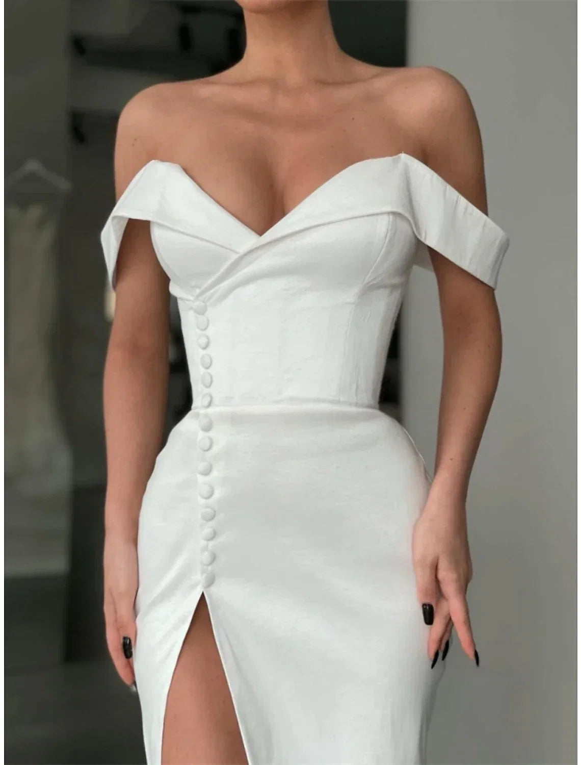 A-Line Off-Shoulder Satin Long Sleeve Button Back High Slit Evening Gown - Chloe Dress