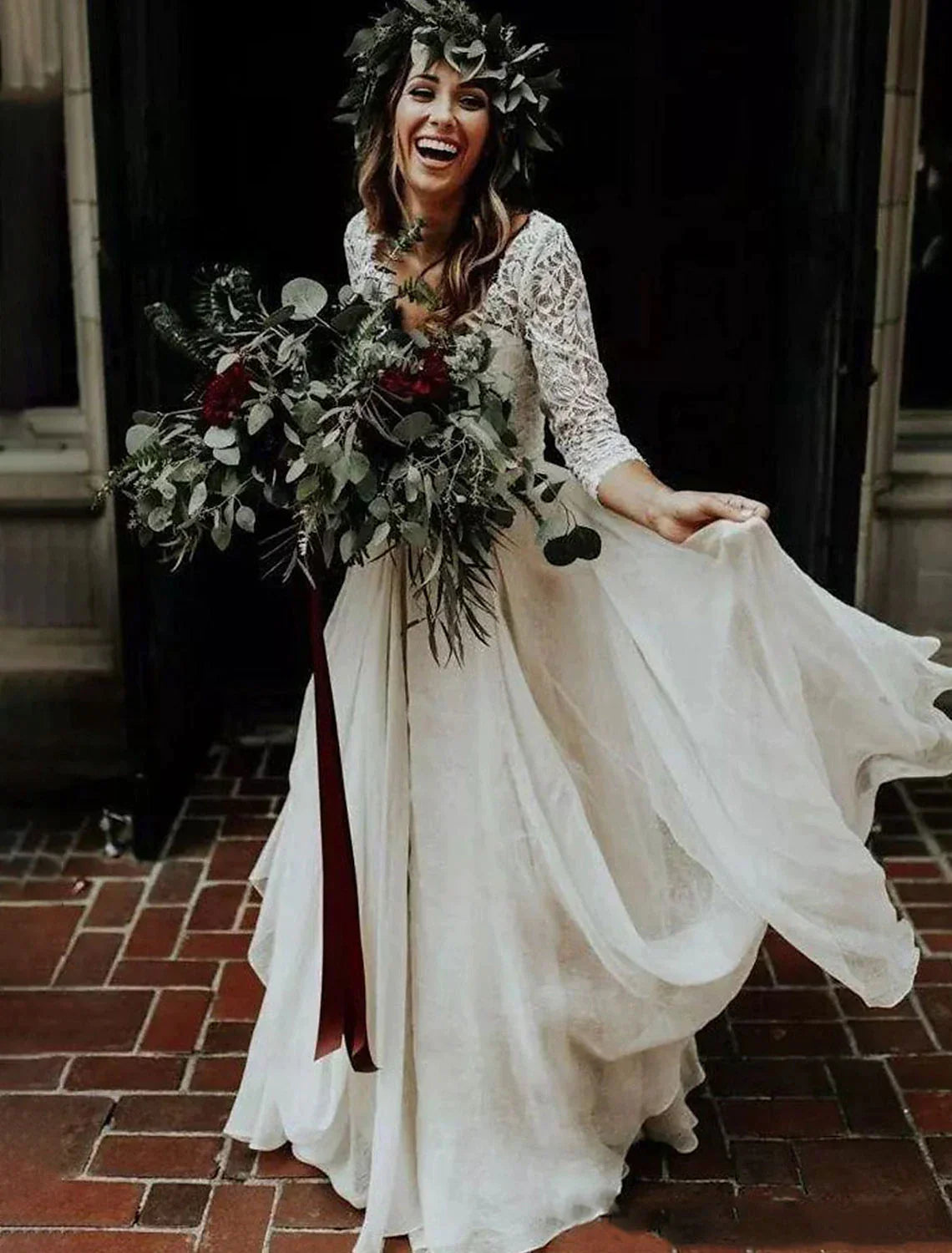 Ball Gown V-Neck Chiffon Three-Quarter Sleeve Pleated Wedding Gown - Chloe Dress