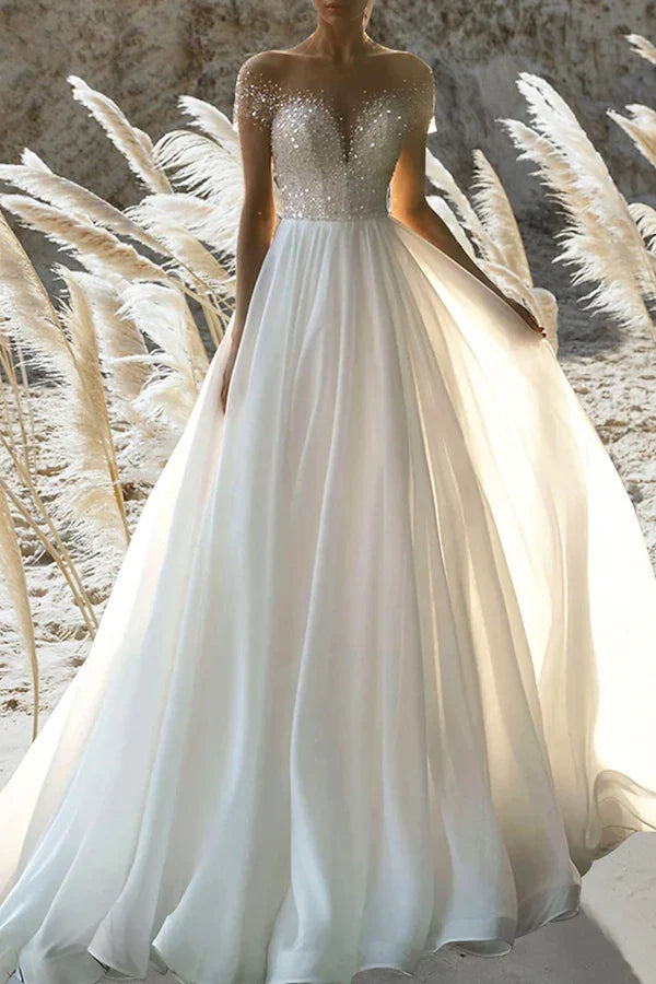 A-Line Short Sleeve Beaded Mini Wedding Dress - Chloe Dress