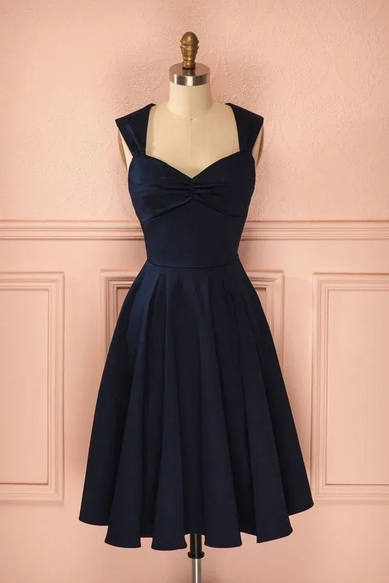 Navy Blue Satin Sweetheart Wide Strap A‑Line Midi Homecoming Dress