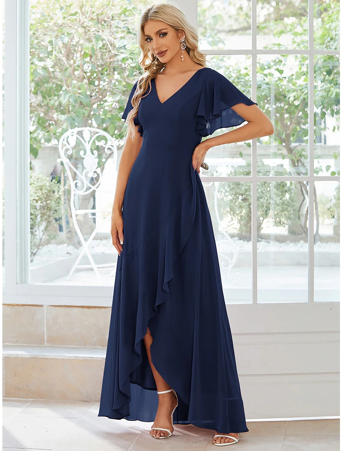 A-Line V-Neck Chiffon Short Sleeve Ruffled Mini Wedding Dress - Chloe Dress