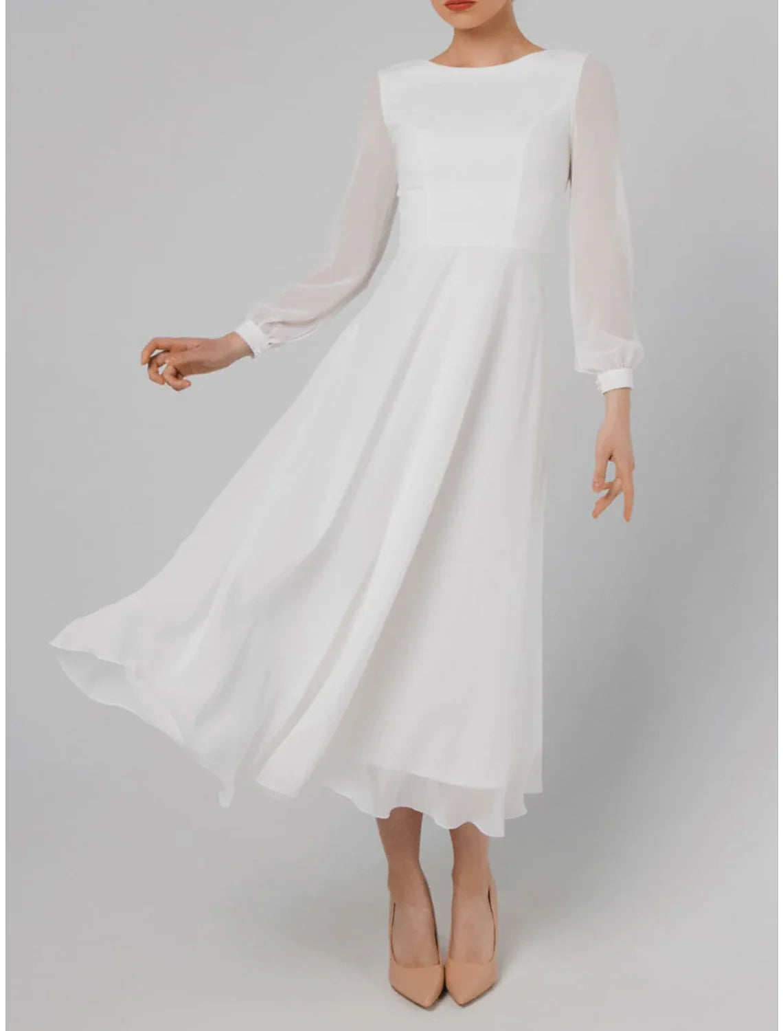 White A-Line Cotton Long Sleeve Ruffled Tea-Length Wedding Dress - Chloe Dress