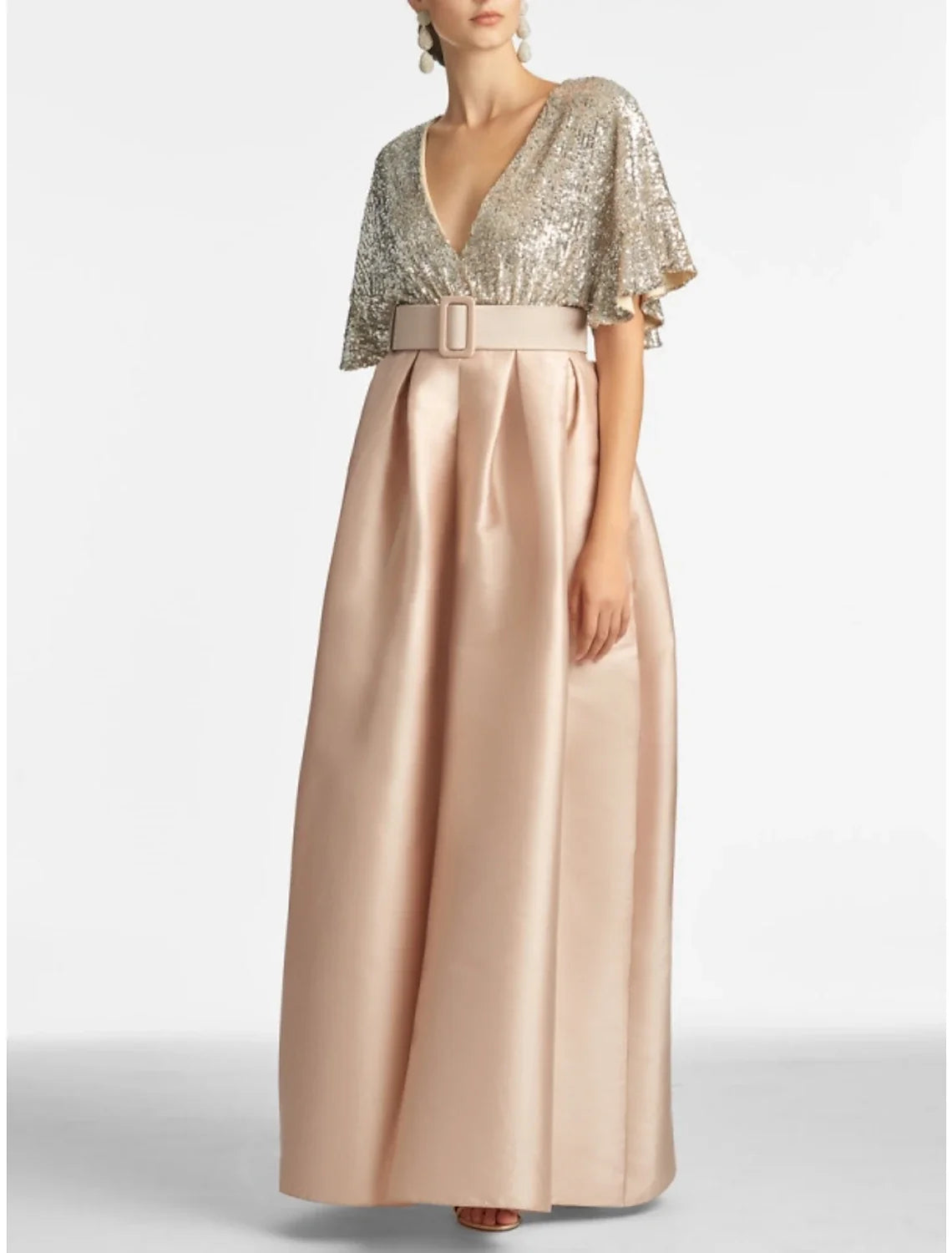 A-Line V-Neck Satin Pleated Ankle-Length Evening Gown - Chloe Dress