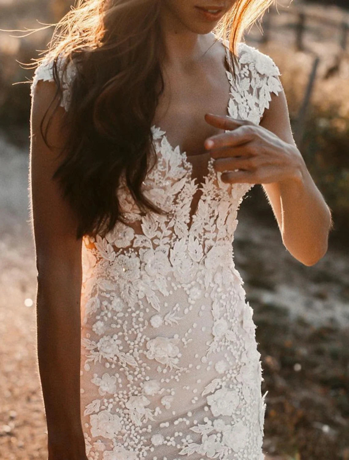 Mermaid V-Neck Lace Cap Sleeve Train Wedding Gown - Chloe Dress