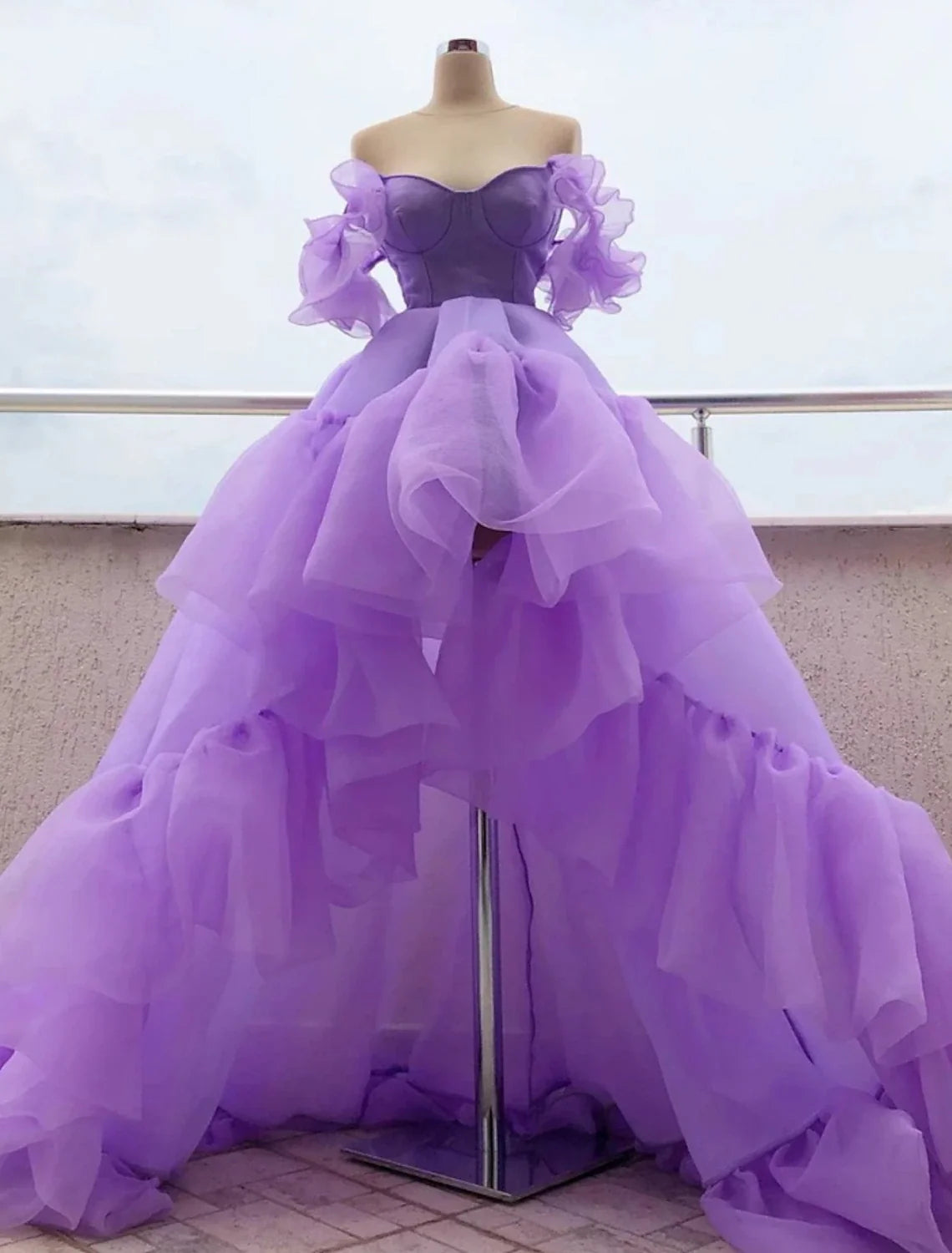 Purple A-Line Off-Shoulder Tulle Short Sleeve Asymmetric Mini Prom Dress - Chloe Dress