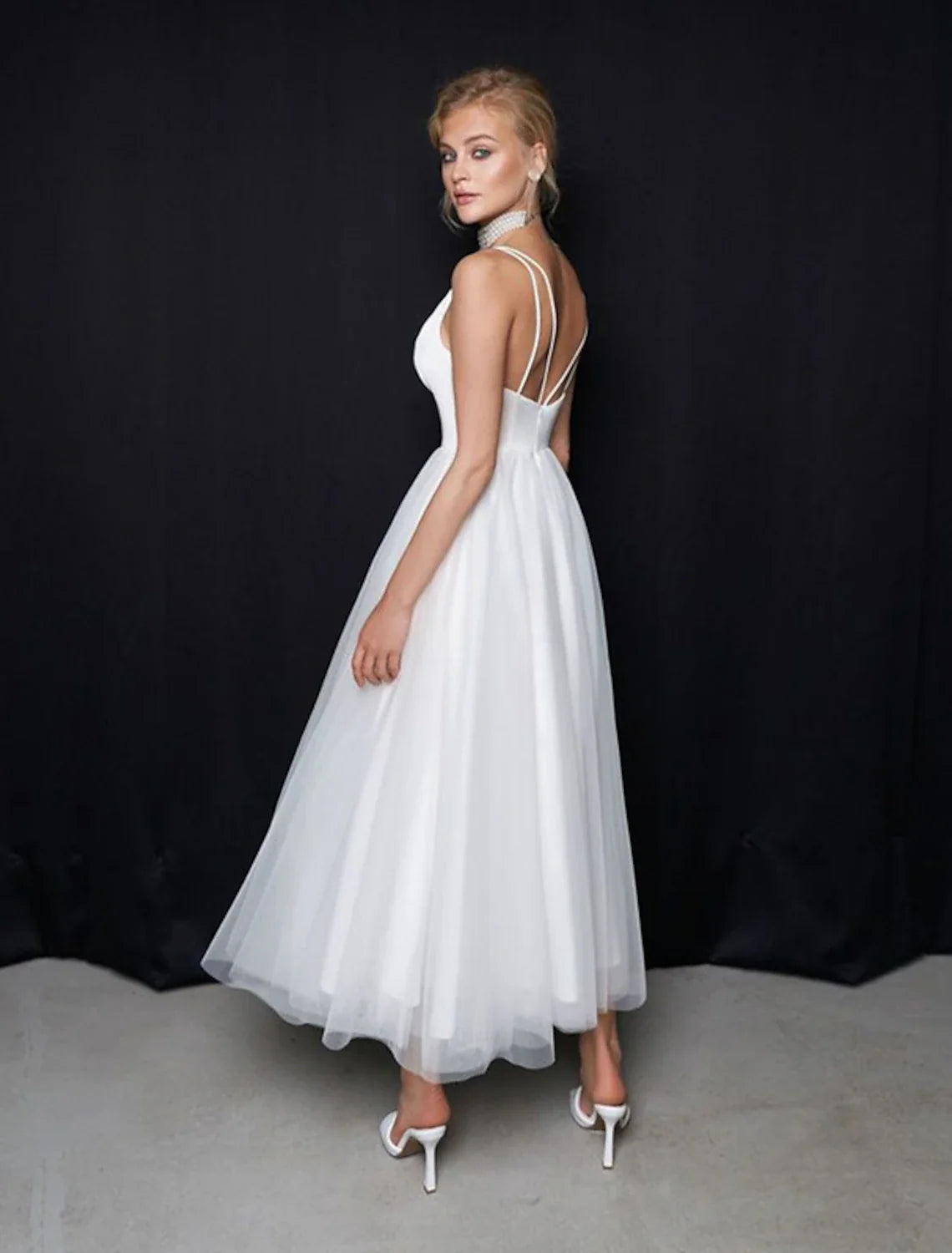 White A-Line V-Neck Tulle Ankle-Length Wedding Gown - Chloe Dress