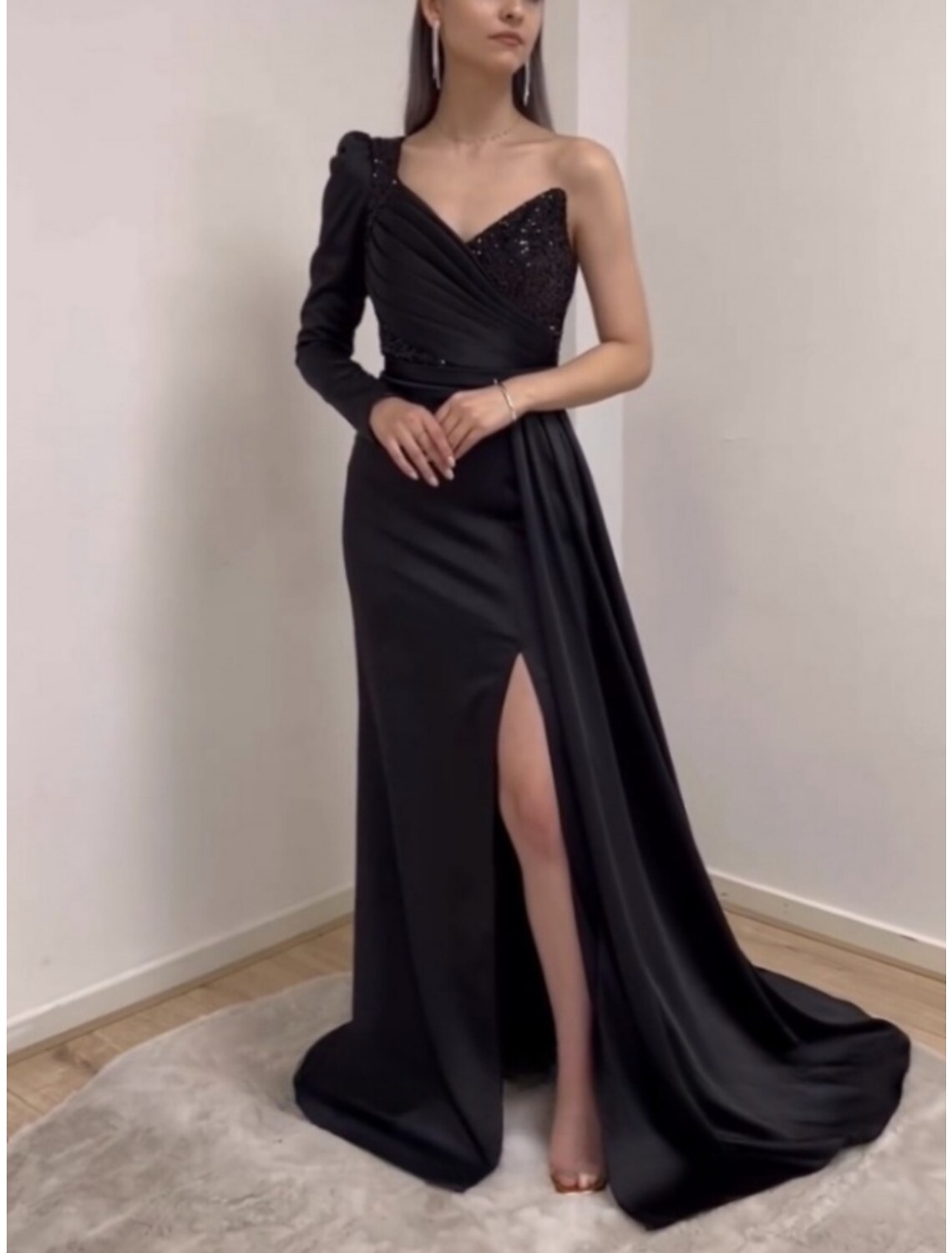 Black A-Line One-Shoulder Satin Long Sleeve Pleated Evening Gown - Chloe Dress
