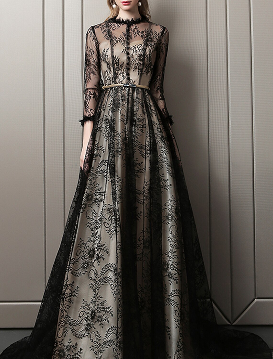A-Line Lace Three-Quarter Sleeve Train Evening Gown - Chloe Dress