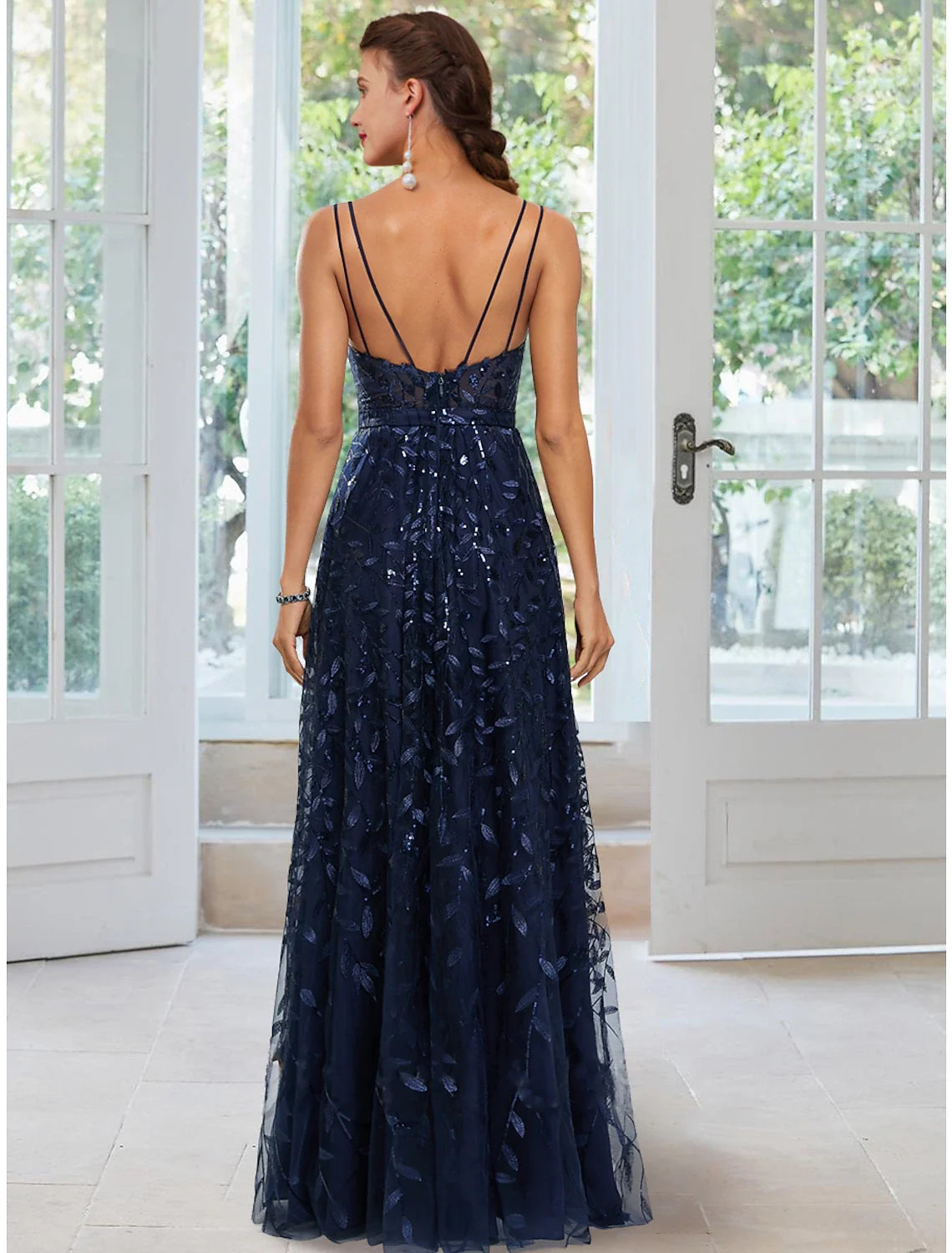 A-Line Spaghetti Strap Satin Sleeveless High Slit Floor-Length Evening Gown - Chloe Dress