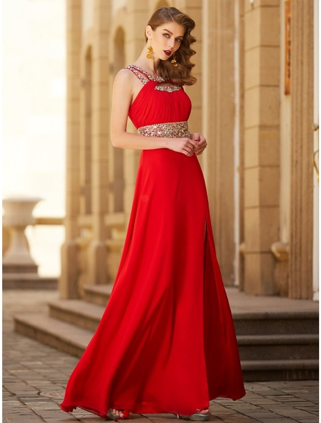 A-Line Halter Chiffon Sleeveless High Slit Floor-Length Evening Gown - Chloe Dress