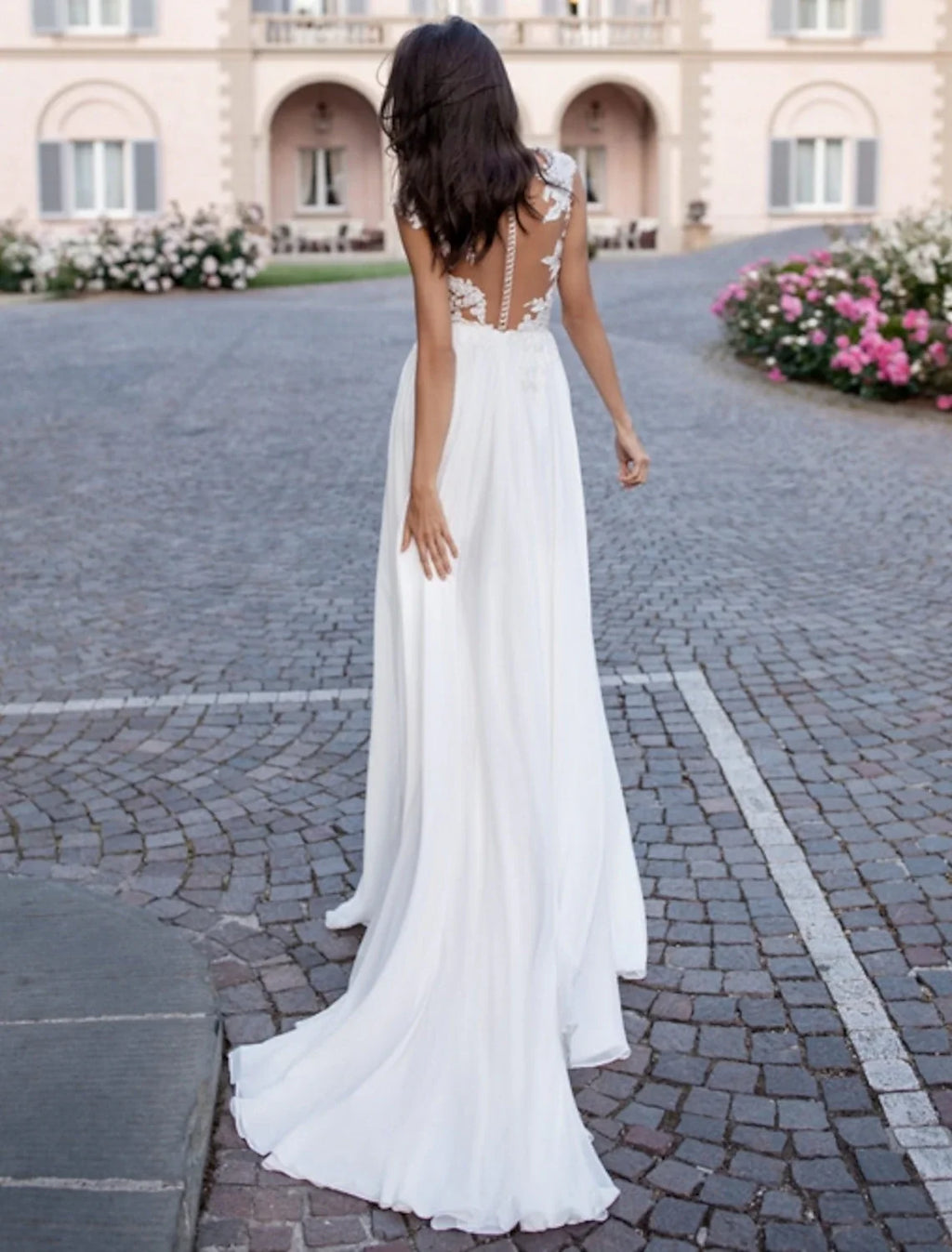 A-Line Illusion Chiffon Cap Sleeve Open Back Train Wedding Gown - Chloe Dress