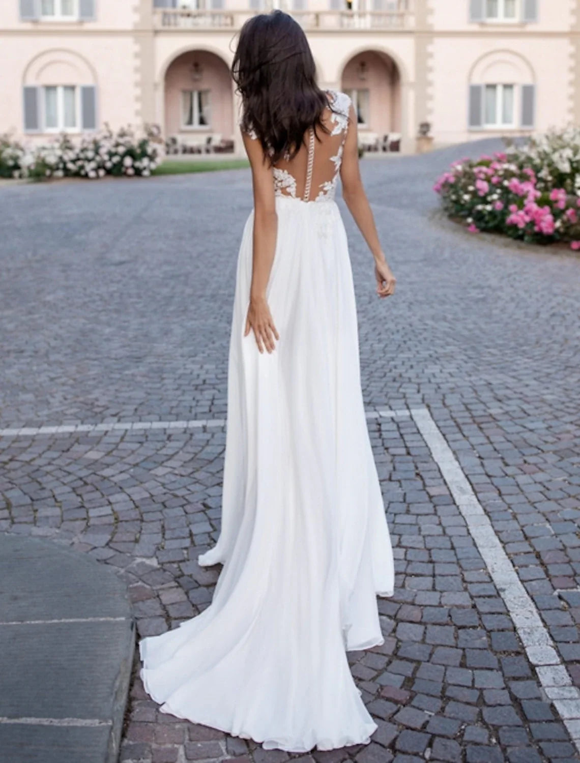 A-Line Illusion Chiffon Cap Sleeve Open Back Train Wedding Gown - Chloe Dress