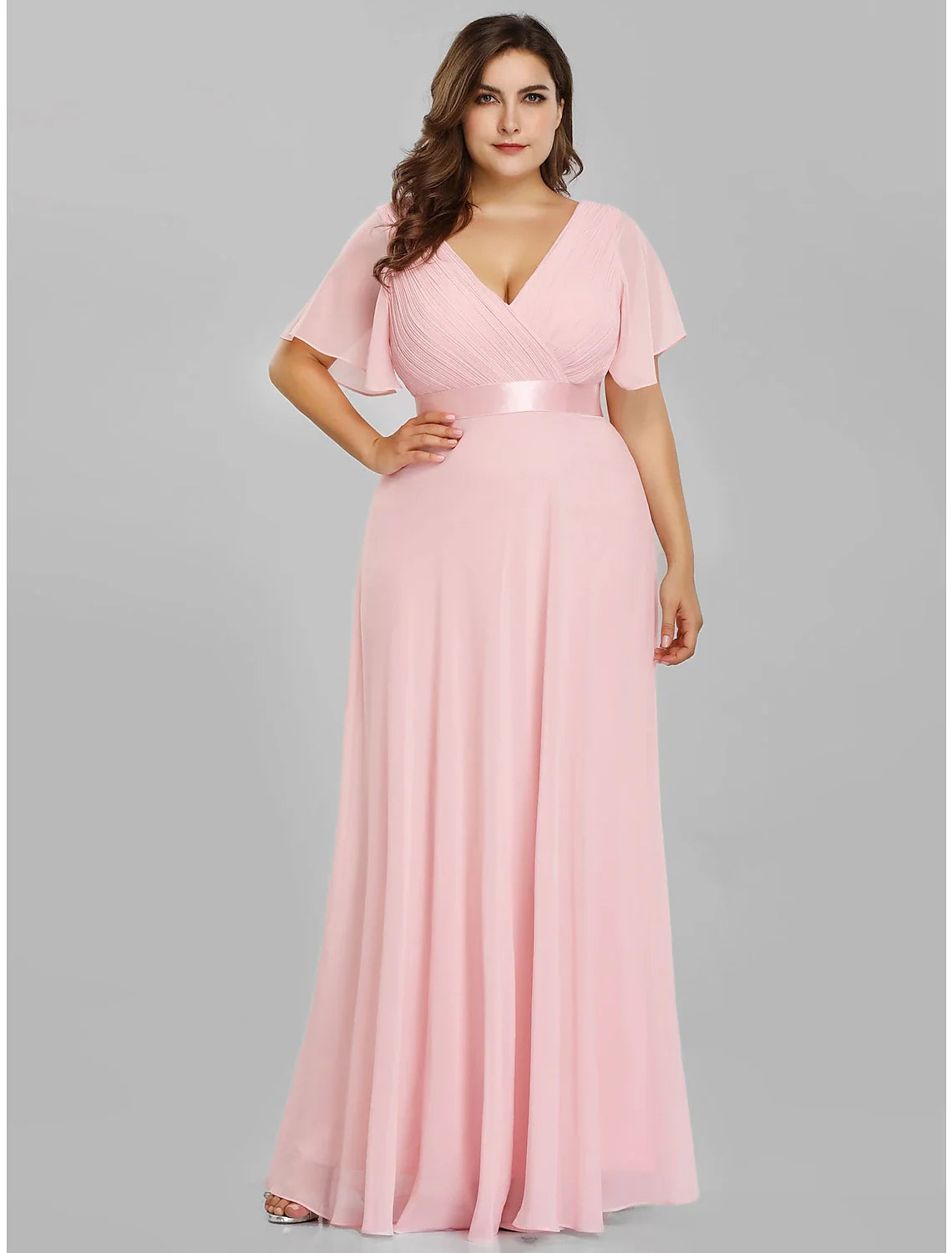 A-Line V-Neck Chiffon Short Sleeve Pleated Floor-Length Evening Dress - Chloe Dress