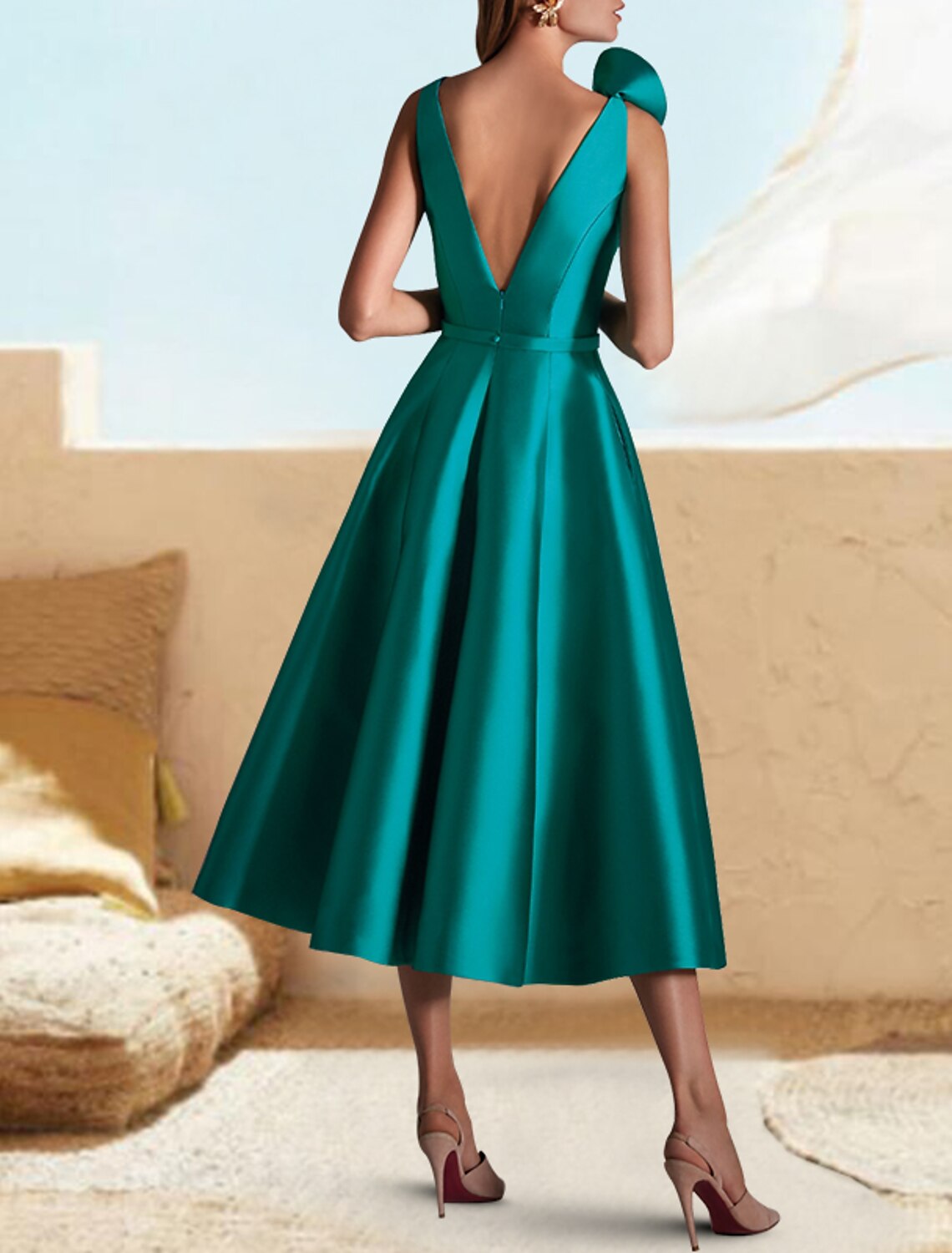 Green A-Line V-Neck Satin Sleeveless Ruffled Tea-Length Prom Dress - Chloe Dress