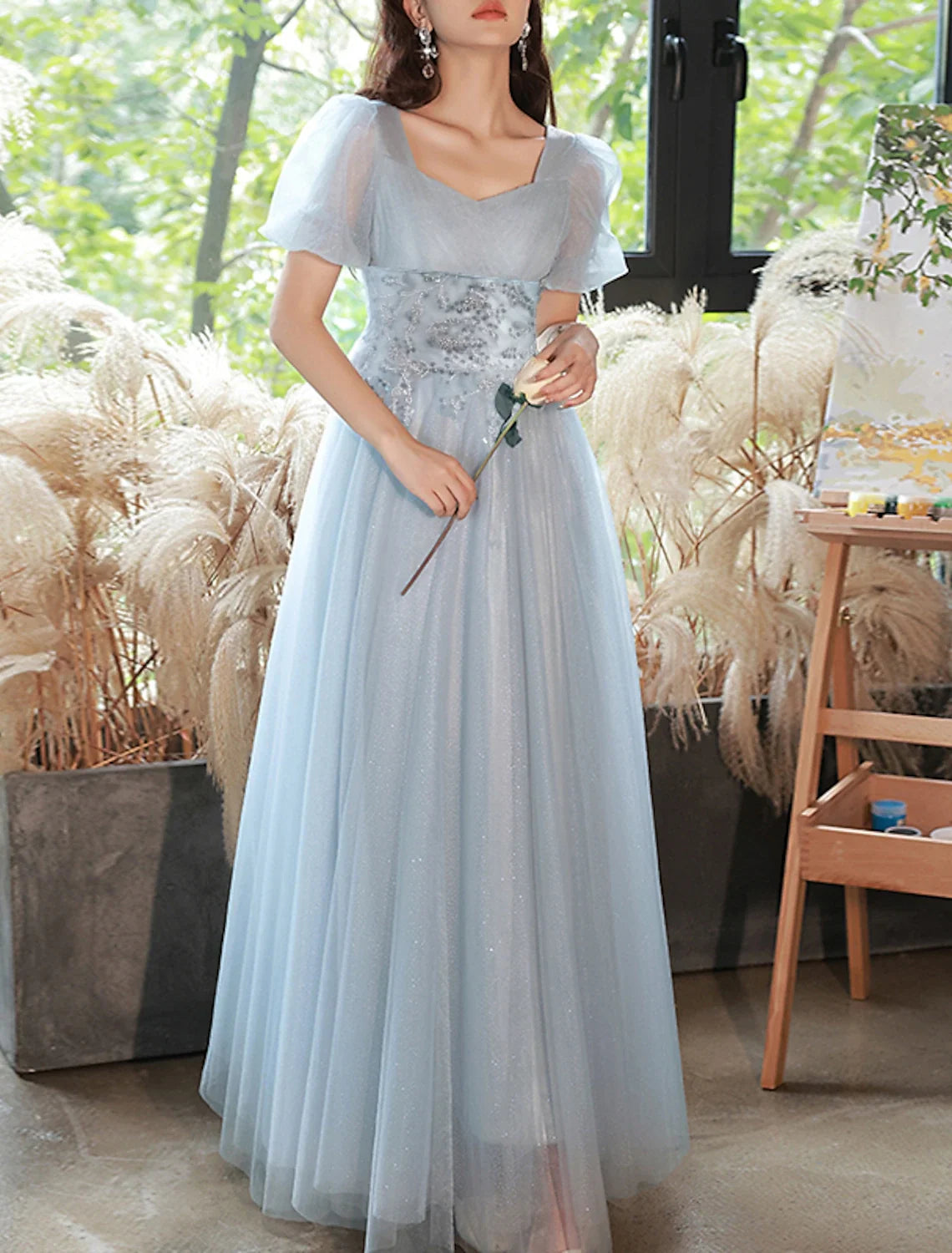 A-Line Sweetheart Tulle Short Sleeve Tiered Floor-Length Evening Gown - Chloe Dress