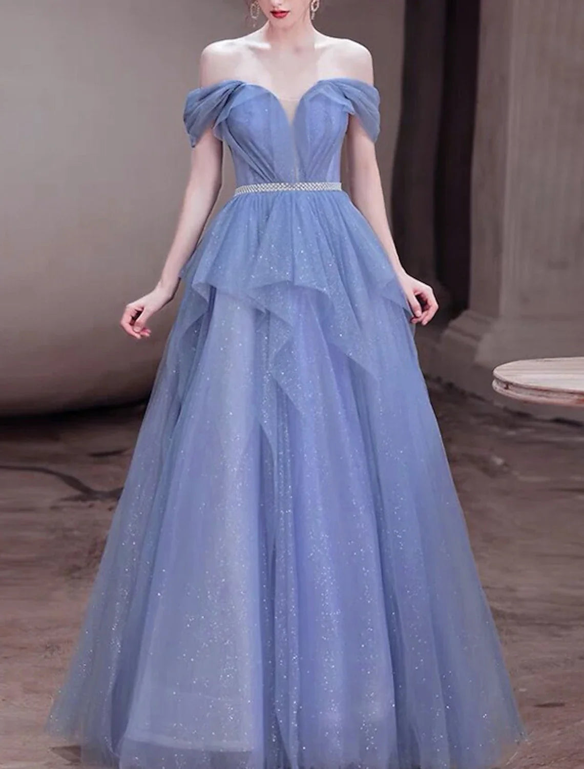 A-Line Off-Shoulder Tulle Sleeveless Floor-Length Prom Dress - Chloe Dress