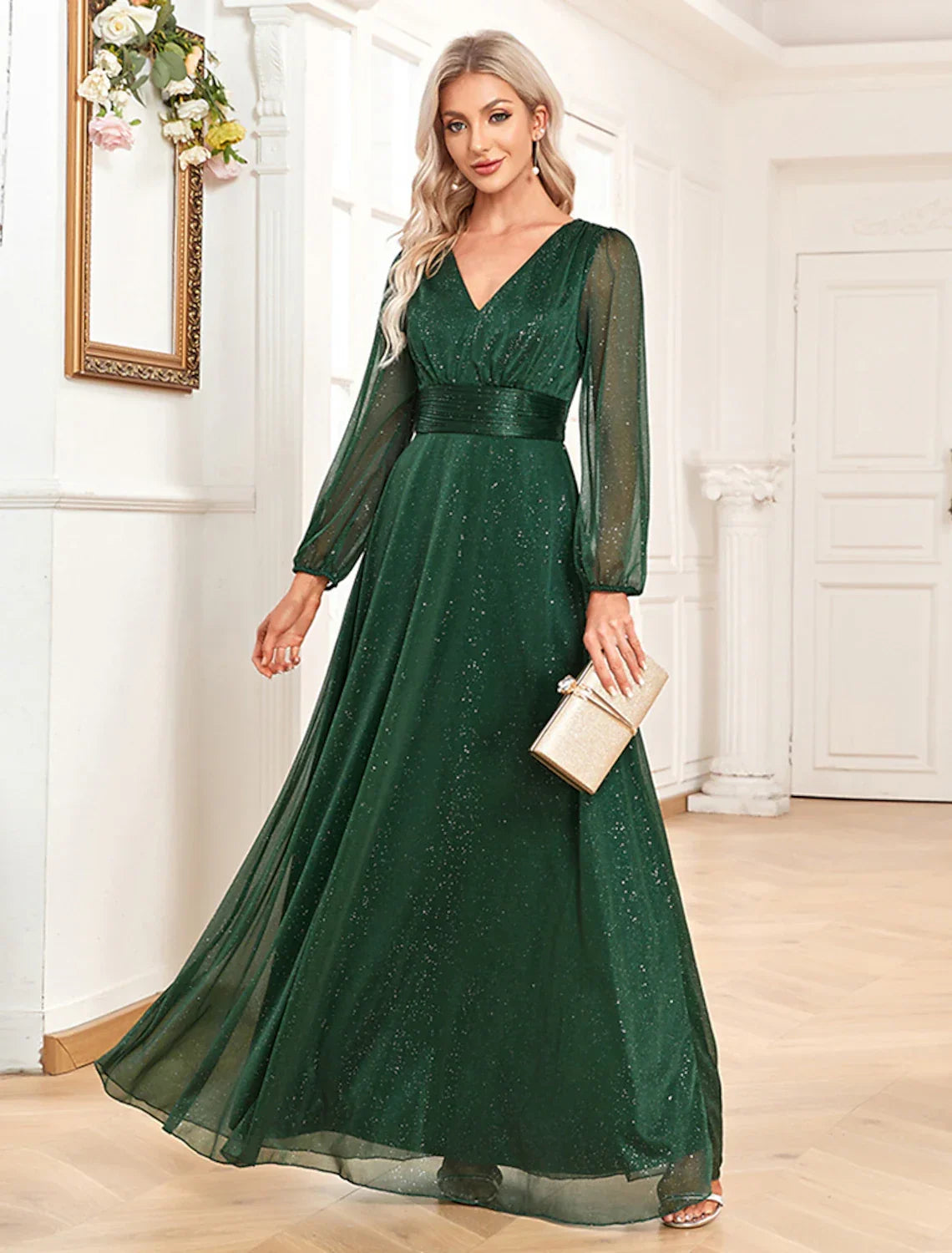 A-Line V-Neck Chiffon Long Sleeve Floor-Length Evening Gown - Chloe Dress