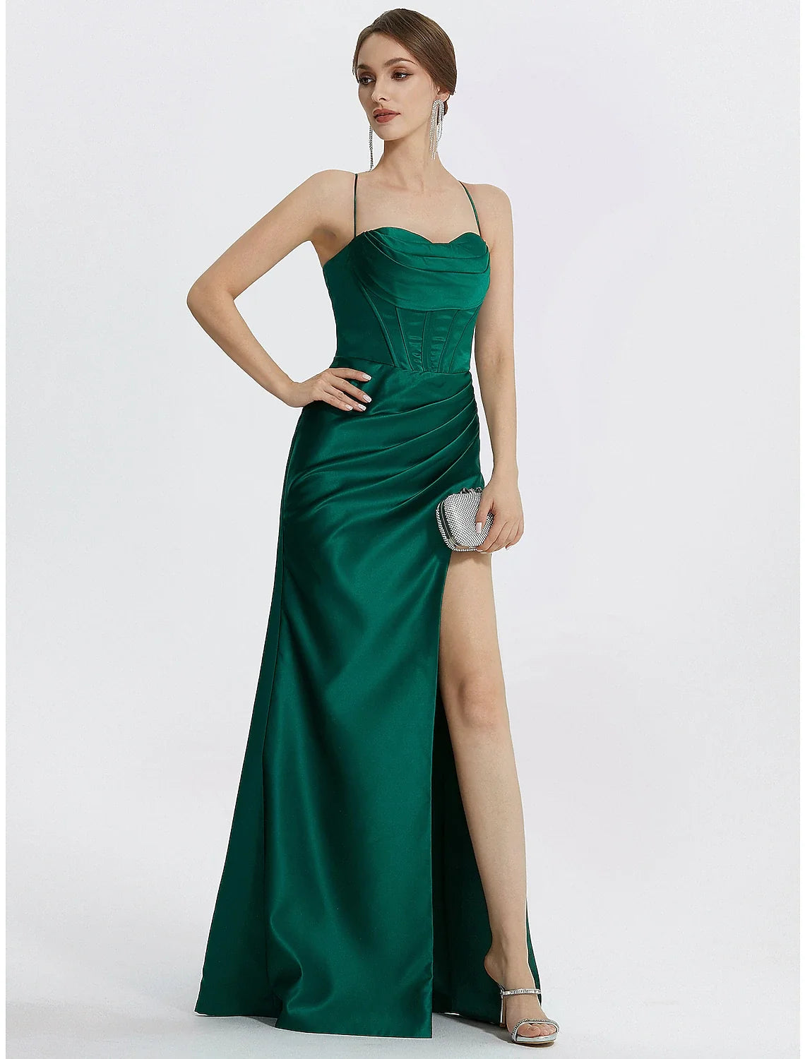 Black Mermaid Cowl Neck Satin Sleeveless Lace-Up Back High Slit Floor-Length Prom Dress - Chloe Dress