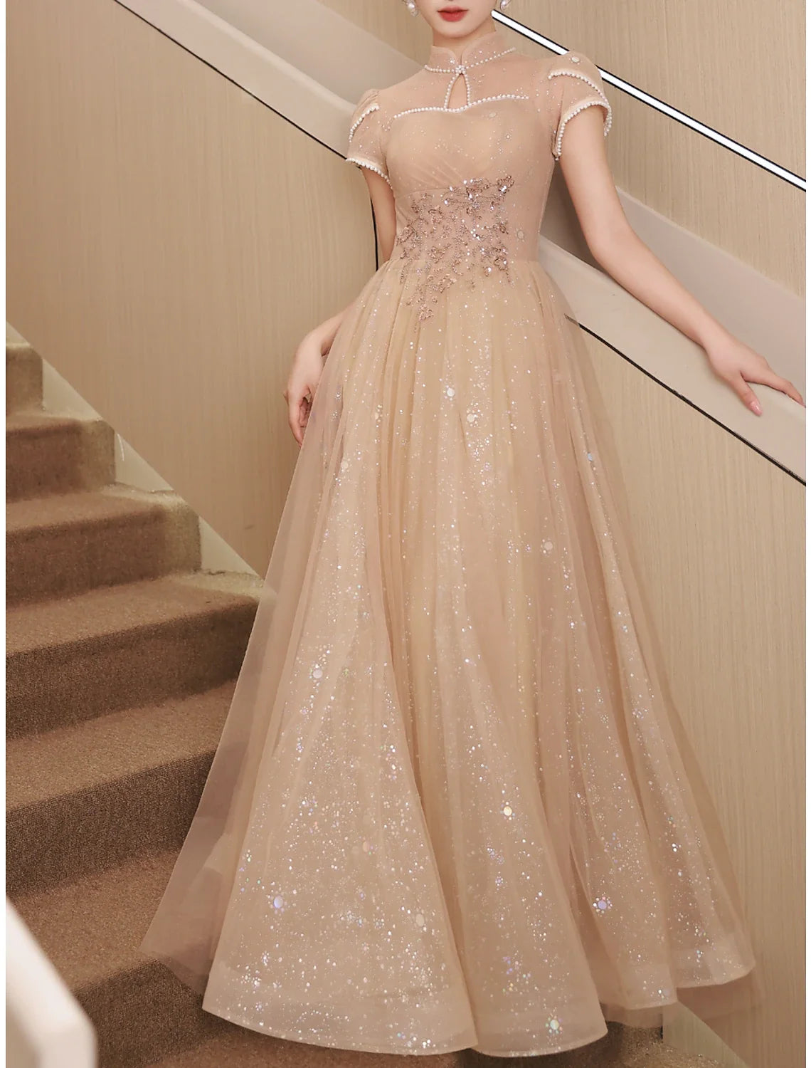 A-Line Satin Short Sleeve Button Back Floor-Length Evening Gown - Chloe Dress
