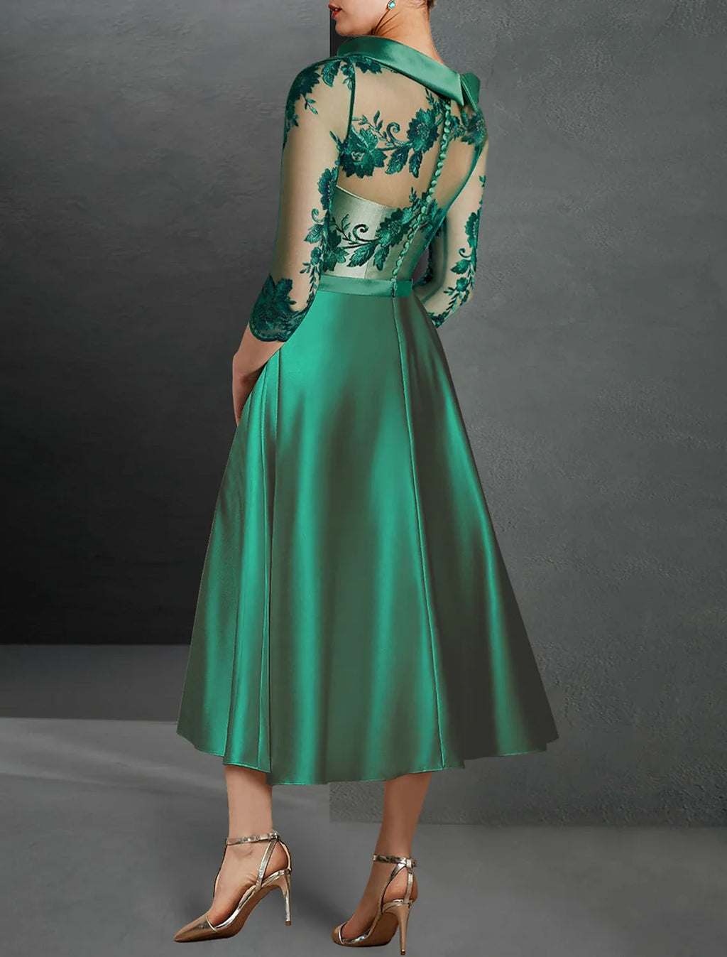 Green A-Line Satin Three-Quarter Sleeve Applique Tea-Length Wedding Dress - Chloe Dress