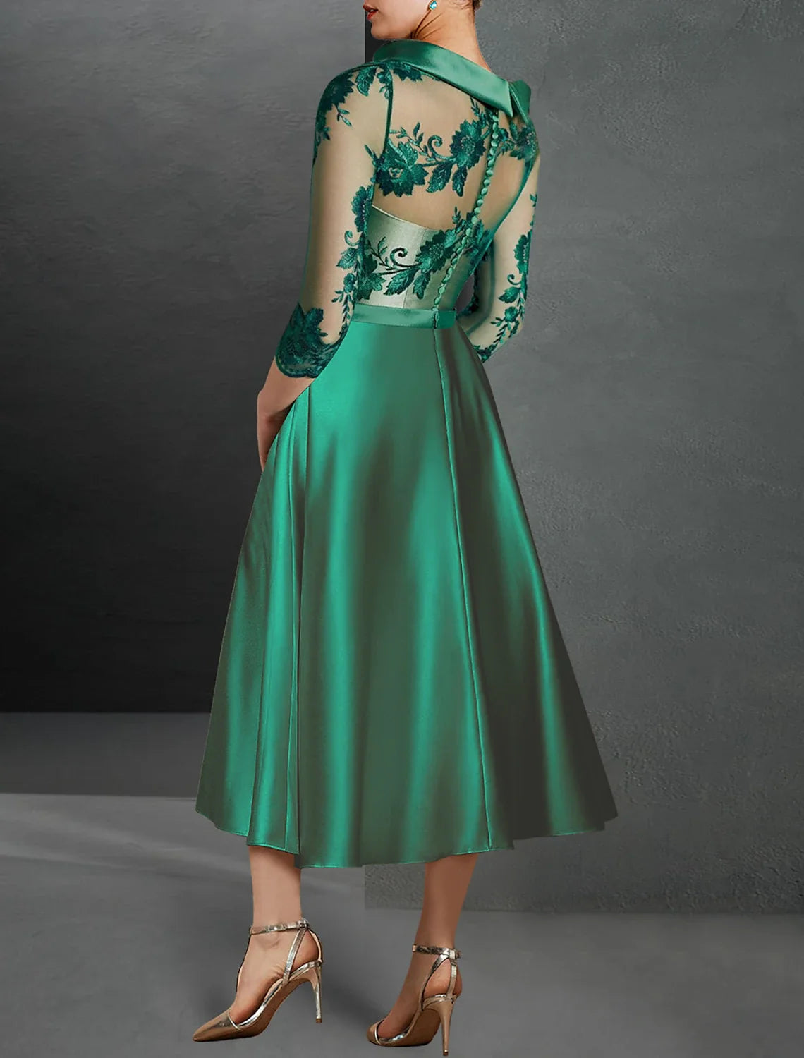 Green A-Line Satin Three-Quarter Sleeve Applique Tea-Length Wedding Dress - Chloe Dress