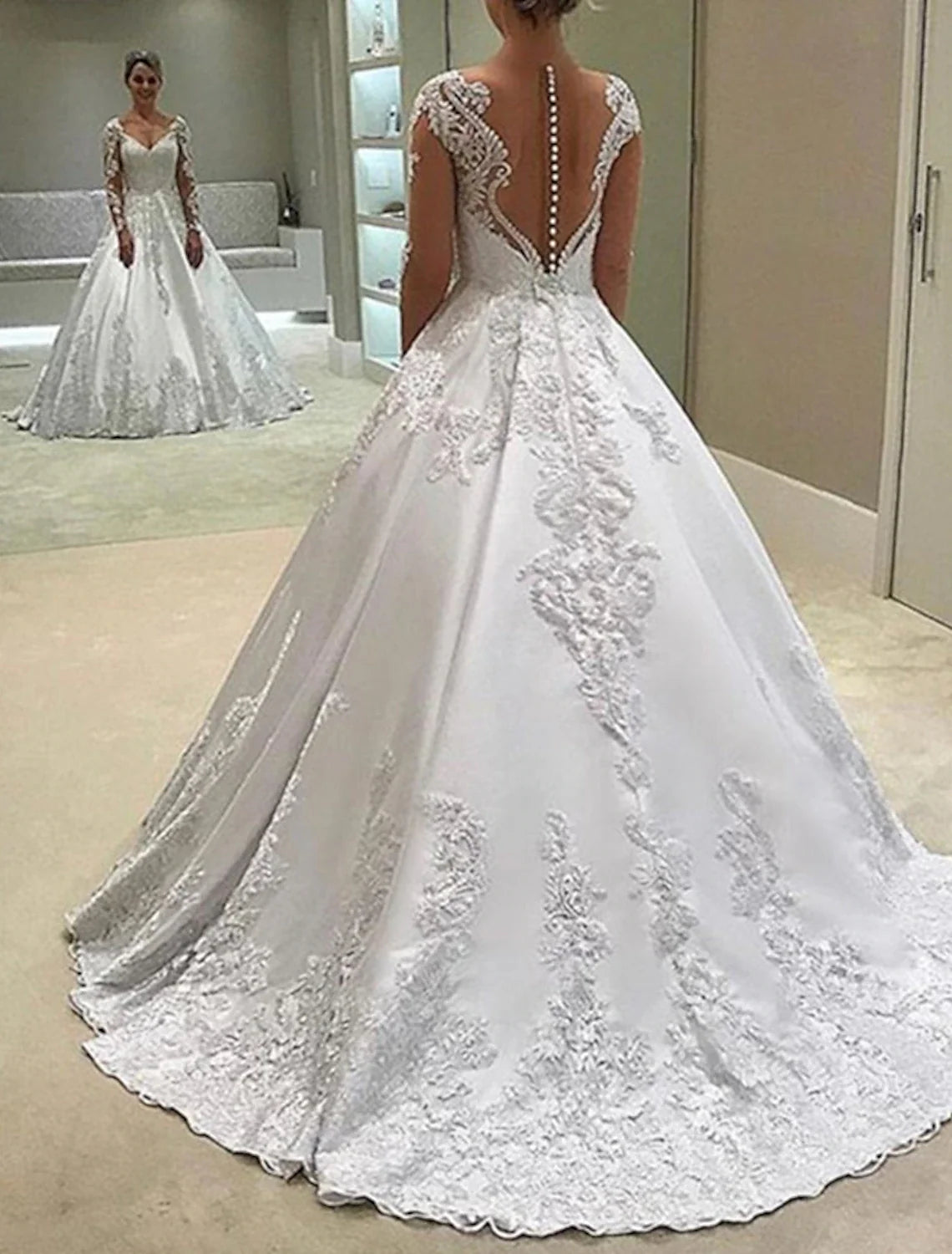 Ball Gown Sweetheart Satin Long Sleeve Button Back Train Wedding Gown - Chloe Dress
