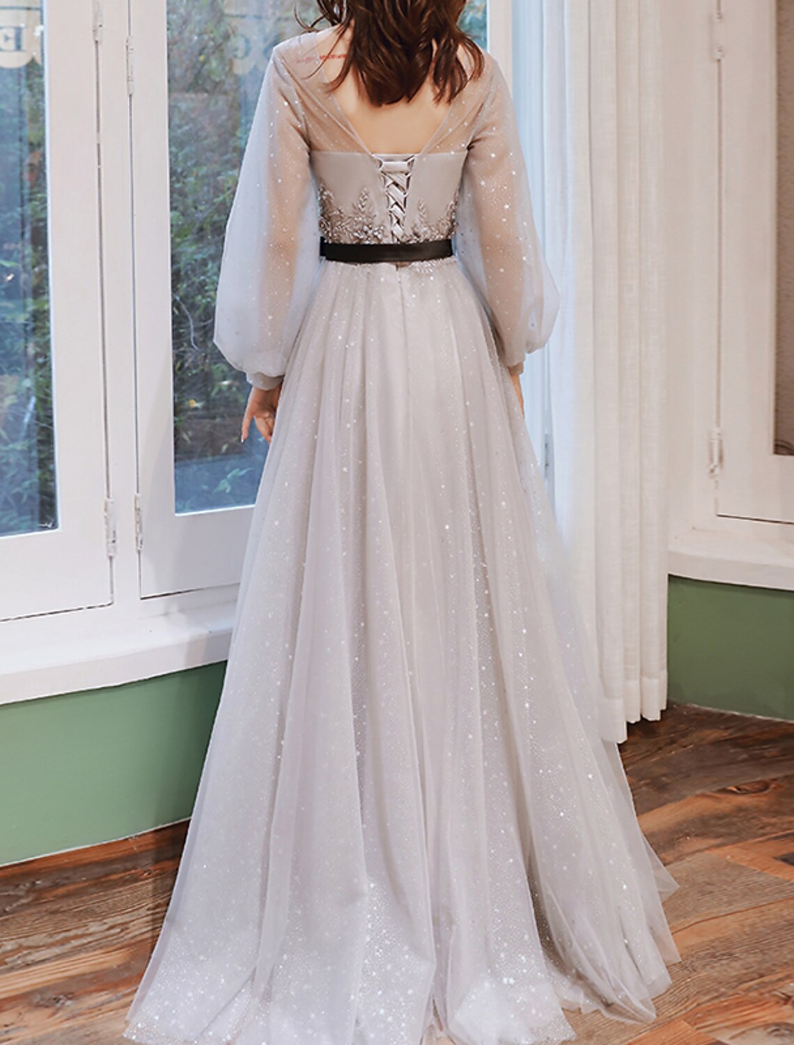 A-Line Tulle Long Sleeve Train Prom Dress - Chloe Dress