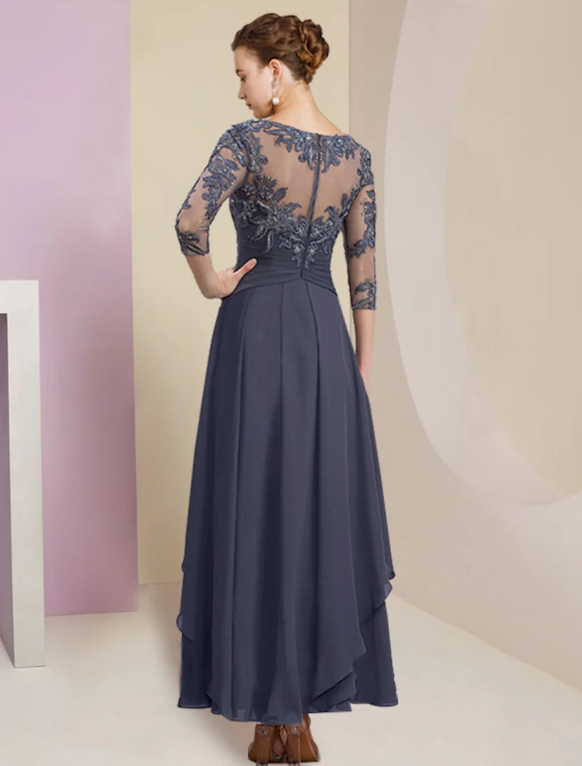 Sheath Chiffon Three-Quarter Sleeve Pleated Ankle-Length Wedding Dress - Chloe Dress