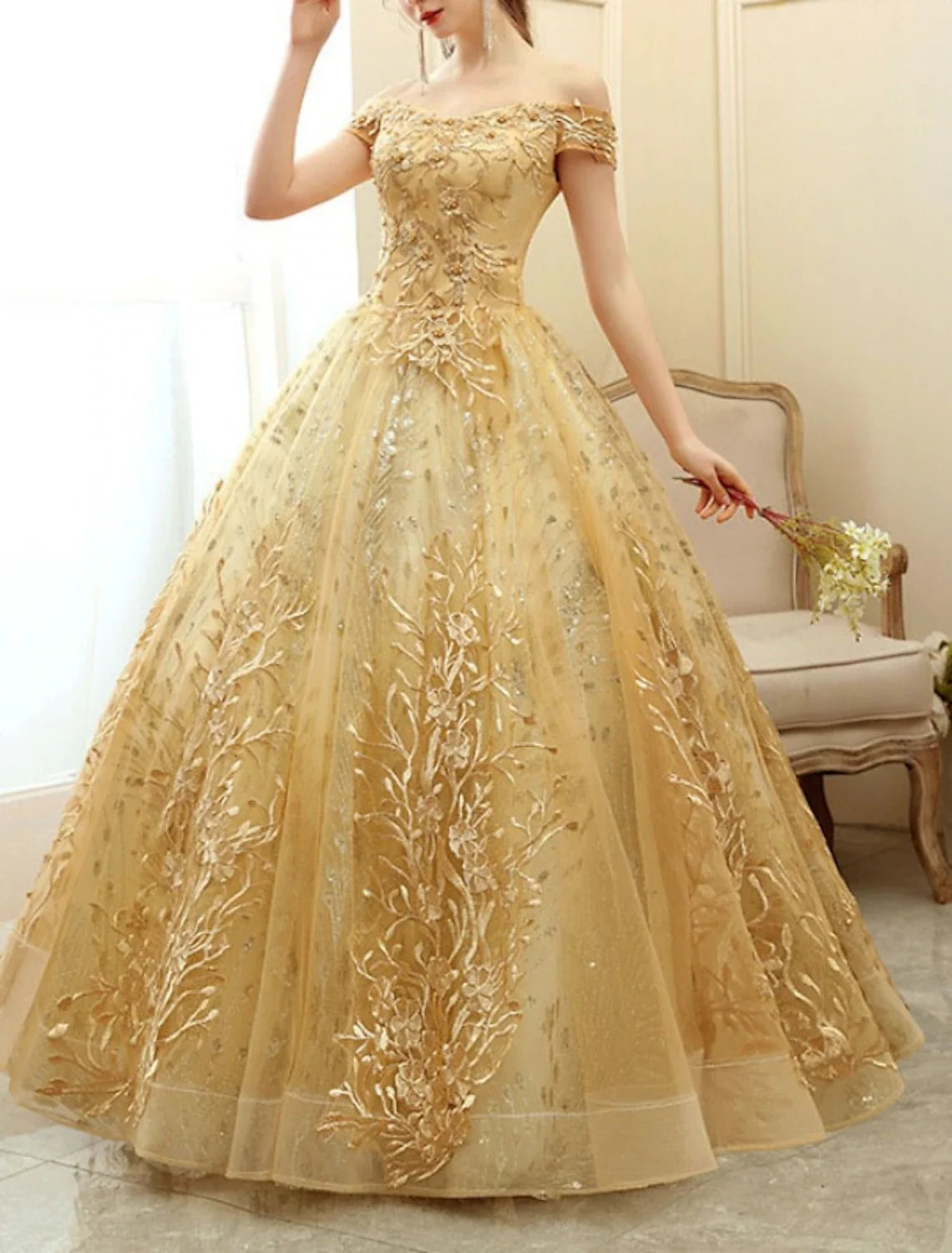 A-Line Off-Shoulder Tulle Short Sleeve Floor-Length Prom Dress - Chloe Dress