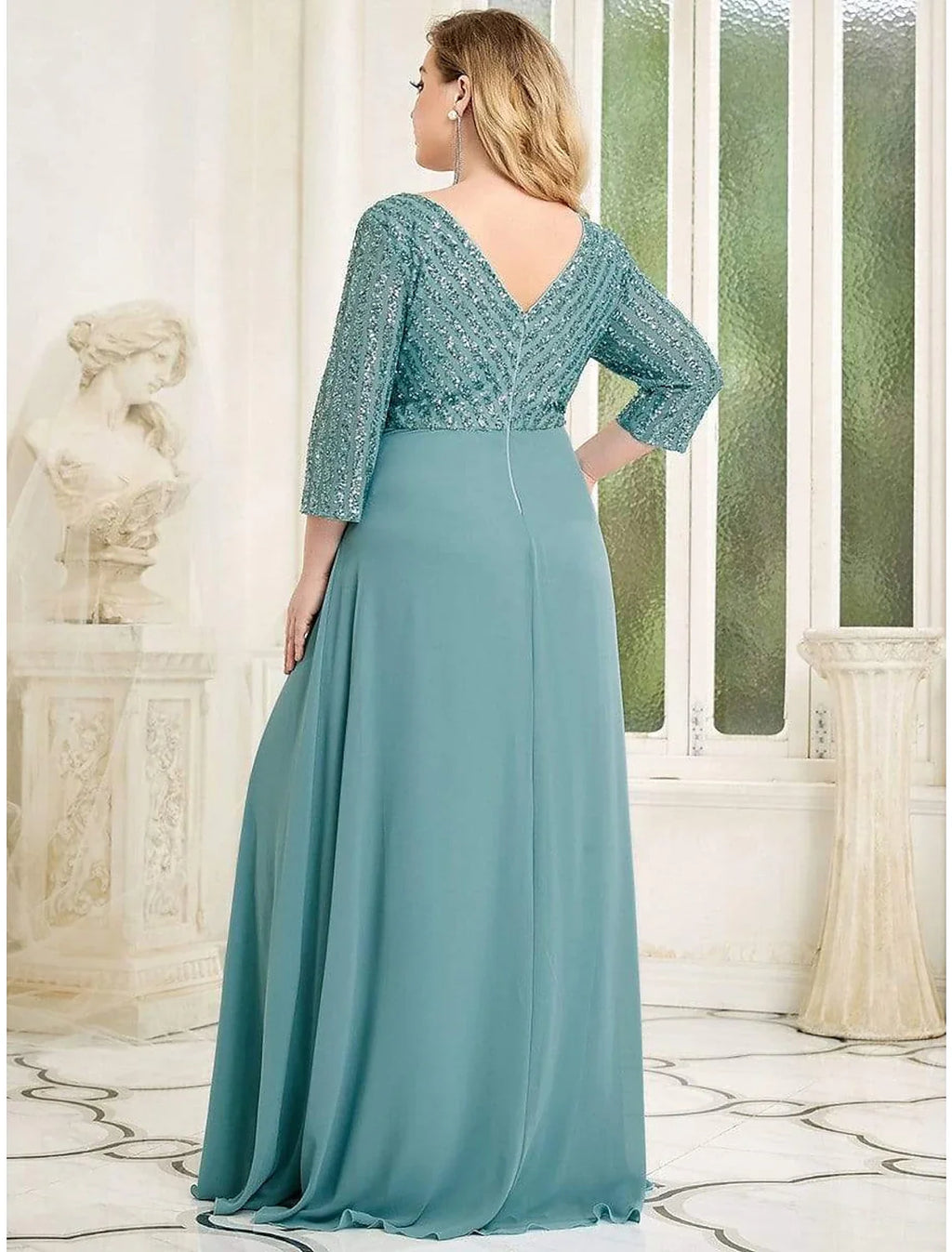 Black A-Line V-Neck Chiffon Three-Quarter Sleeve Floor-Length Evening Gown - Chloe Dress