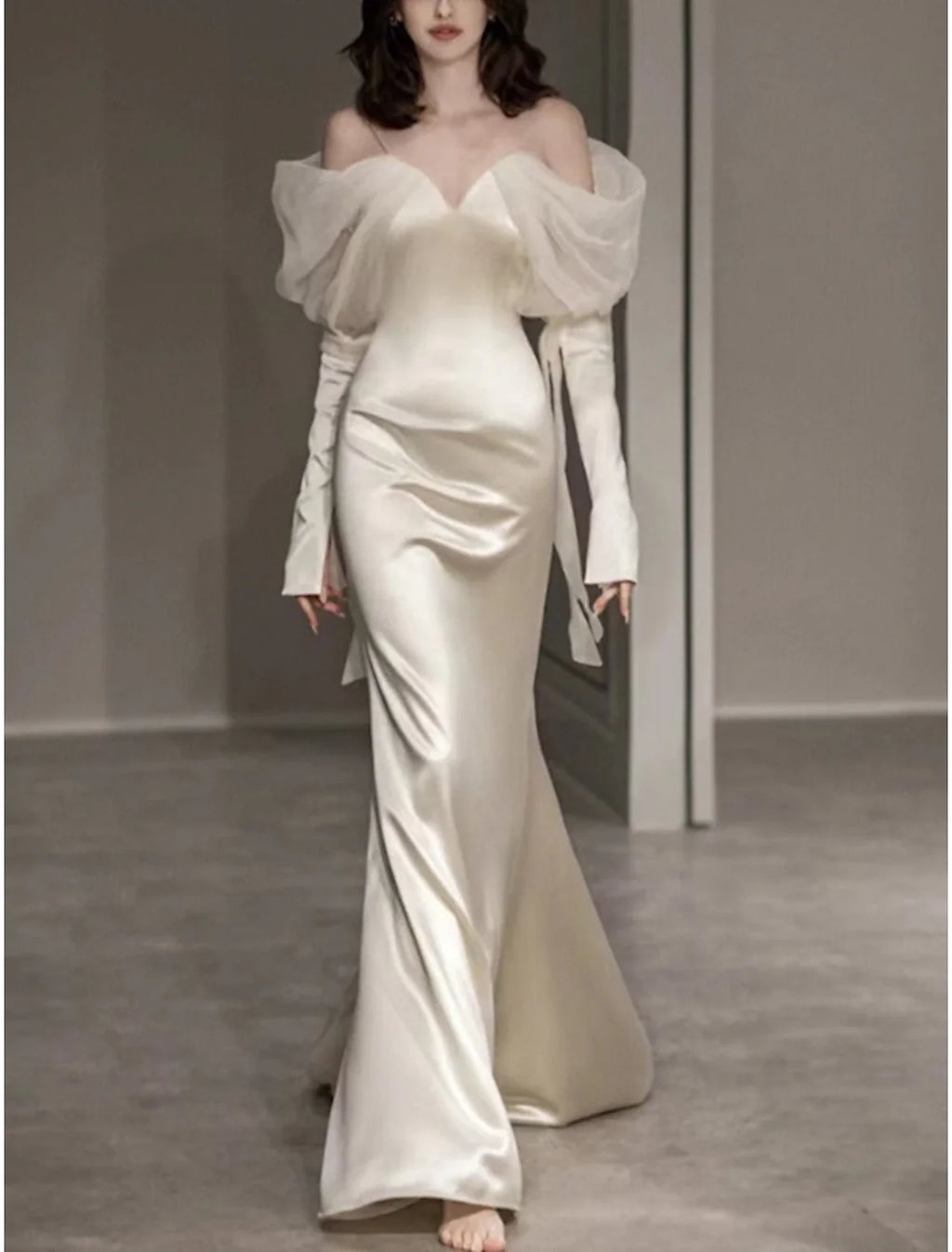 Mermaid Sweetheart Satin Long Sleeve Button Back Floor-Length Evening Gown - Chloe Dress