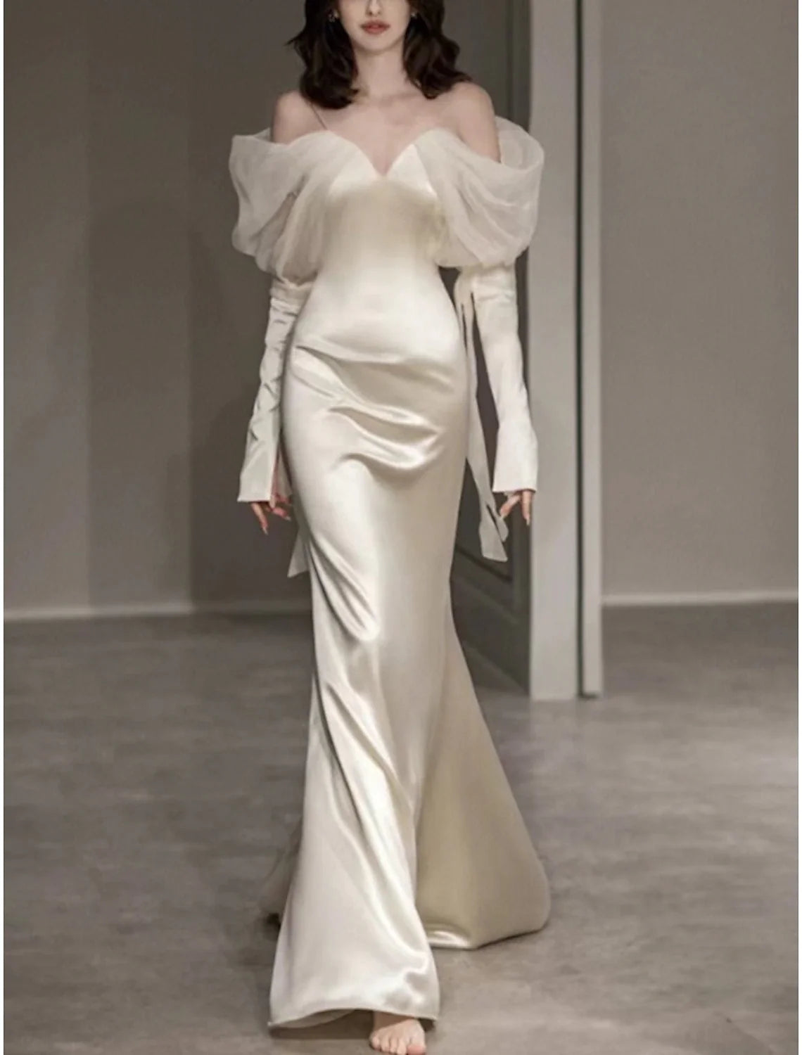 Mermaid Sweetheart Satin Long Sleeve Button Back Floor-Length Evening Gown - Chloe Dress