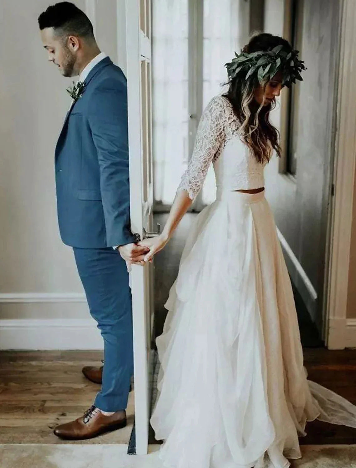 Ball Gown V-Neck Chiffon Three-Quarter Sleeve Pleated Wedding Gown - Chloe Dress