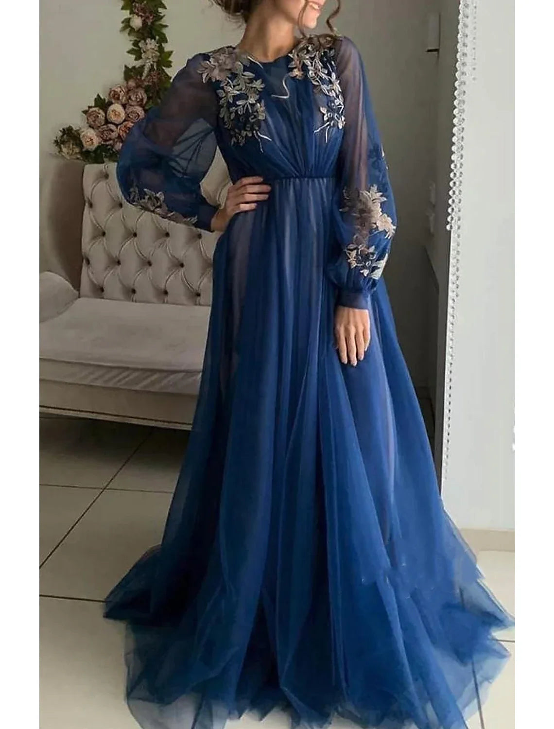 A-Line Tulle Long Sleeve Train Evening Gown - Chloe Dress