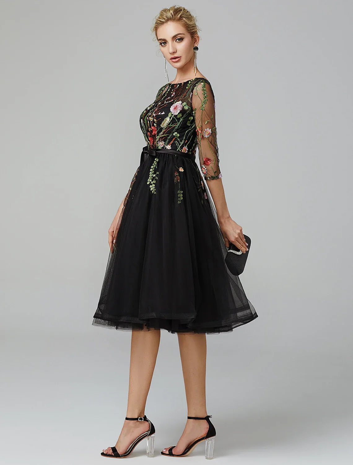 Black A-Line Illusion Tulle Long Sleeve Applique Knee-Length Wedding Dress - Chloe Dress
