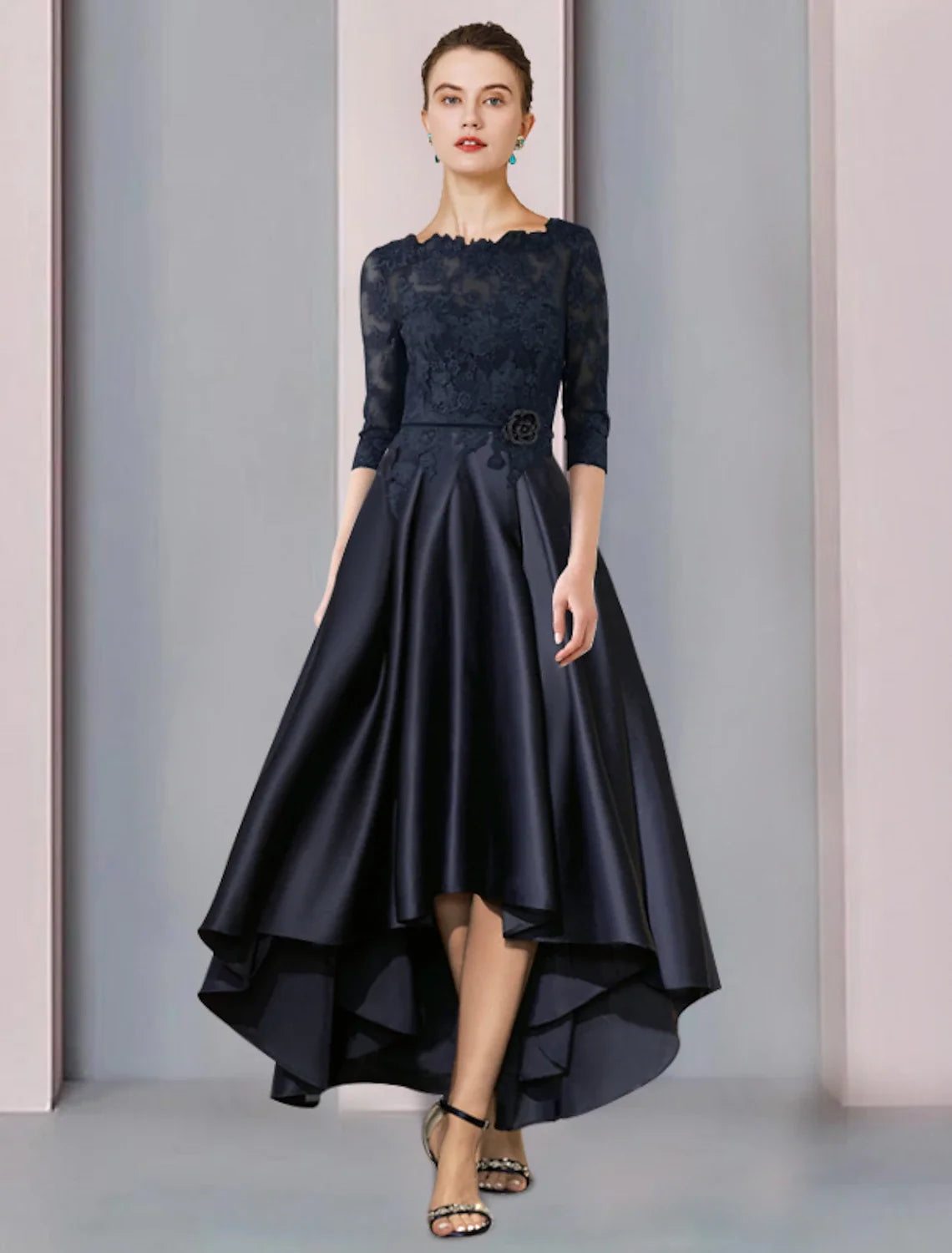 A-Line High Neck Satin Three-Quarter Sleeve Pleated Tea-Length Wedding Dress - Chloe Dress