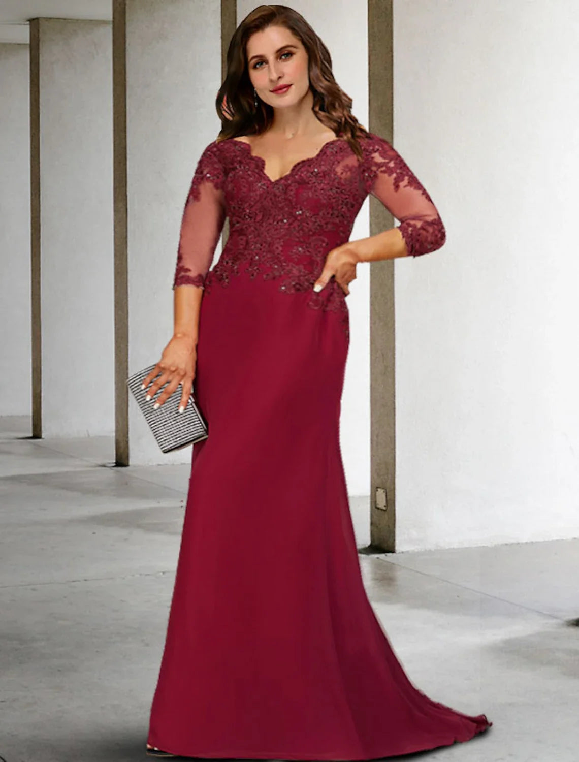 A-Line V-Neck Chiffon Three-Quarter Sleeve High Slit Formal Dress - Chloe Dress