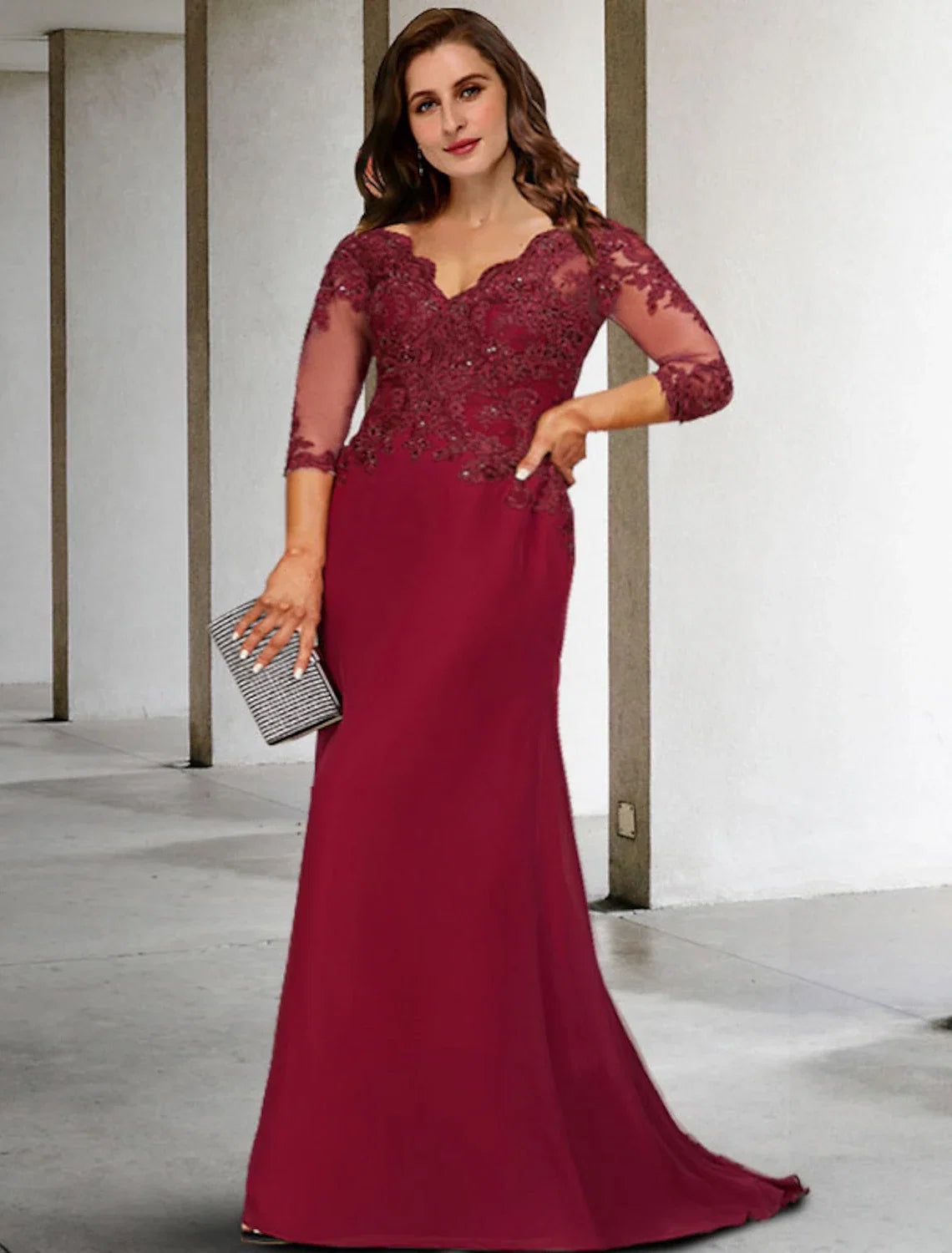 A-Line V-Neck Chiffon Three-Quarter Sleeve High Slit Wedding Dress - Chloe Dress