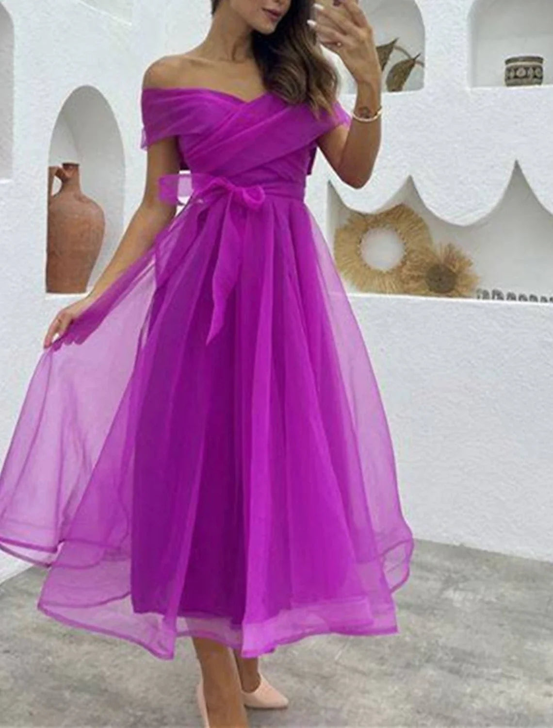 A-Line Off-Shoulder Organza Sleeveless Tea-Length Wedding Dress - Chloe Dress