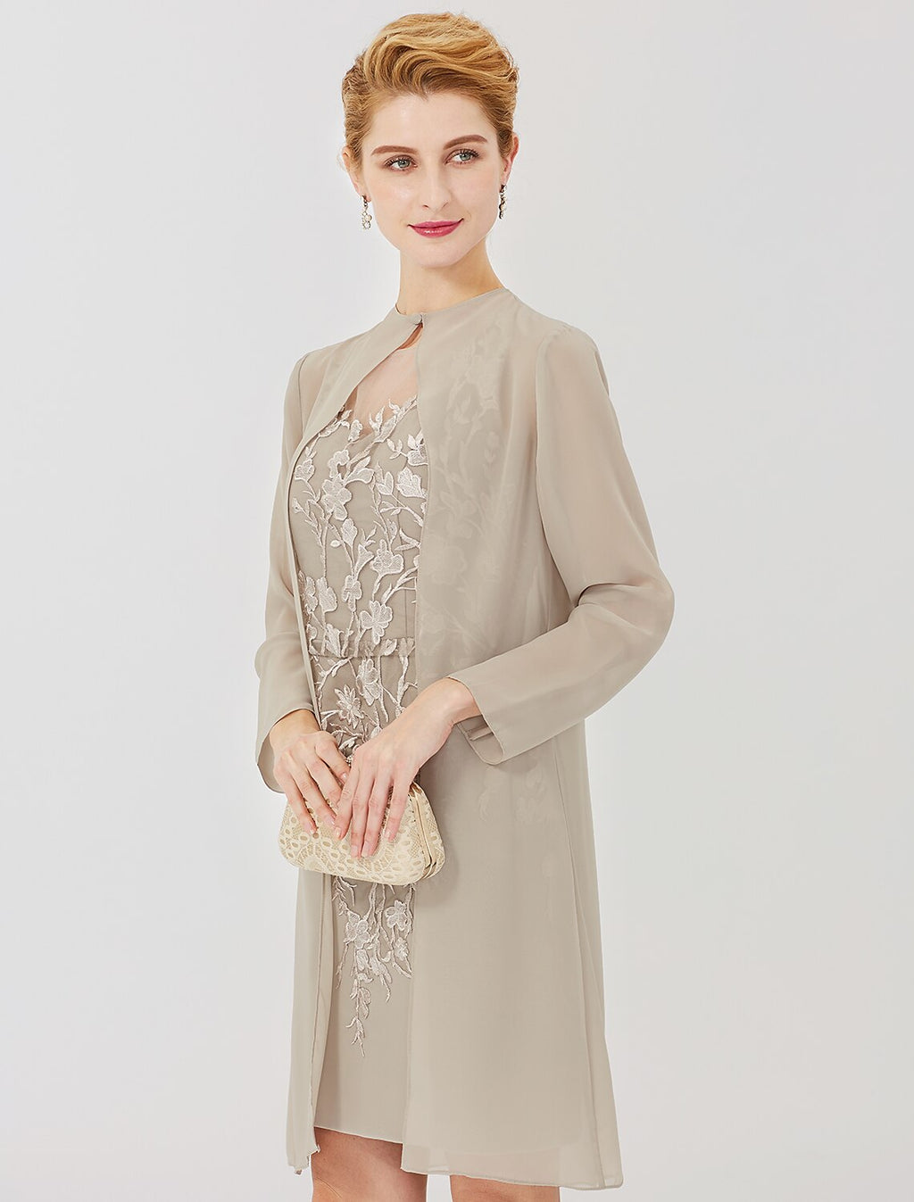 Sheath Illusion Chiffon Long Sleeve Applique Knee-Length Formal Dress - Chloe Dress