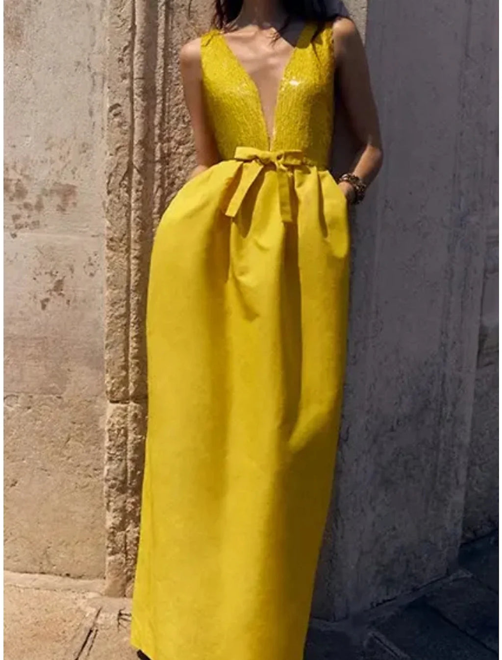 A-Line V-Neck Sequin Sleeveless Pleated Floor-Length Evening Gown - Chloe Dress