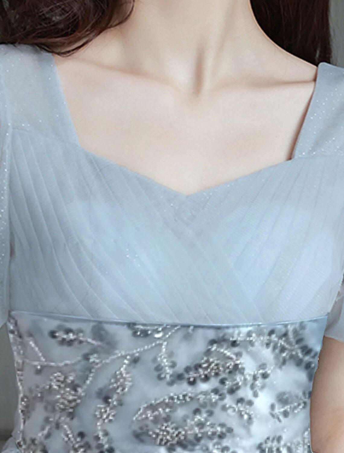 A-Line Sweetheart Tulle Short Sleeve Tiered Floor-Length Evening Gown - Chloe Dress