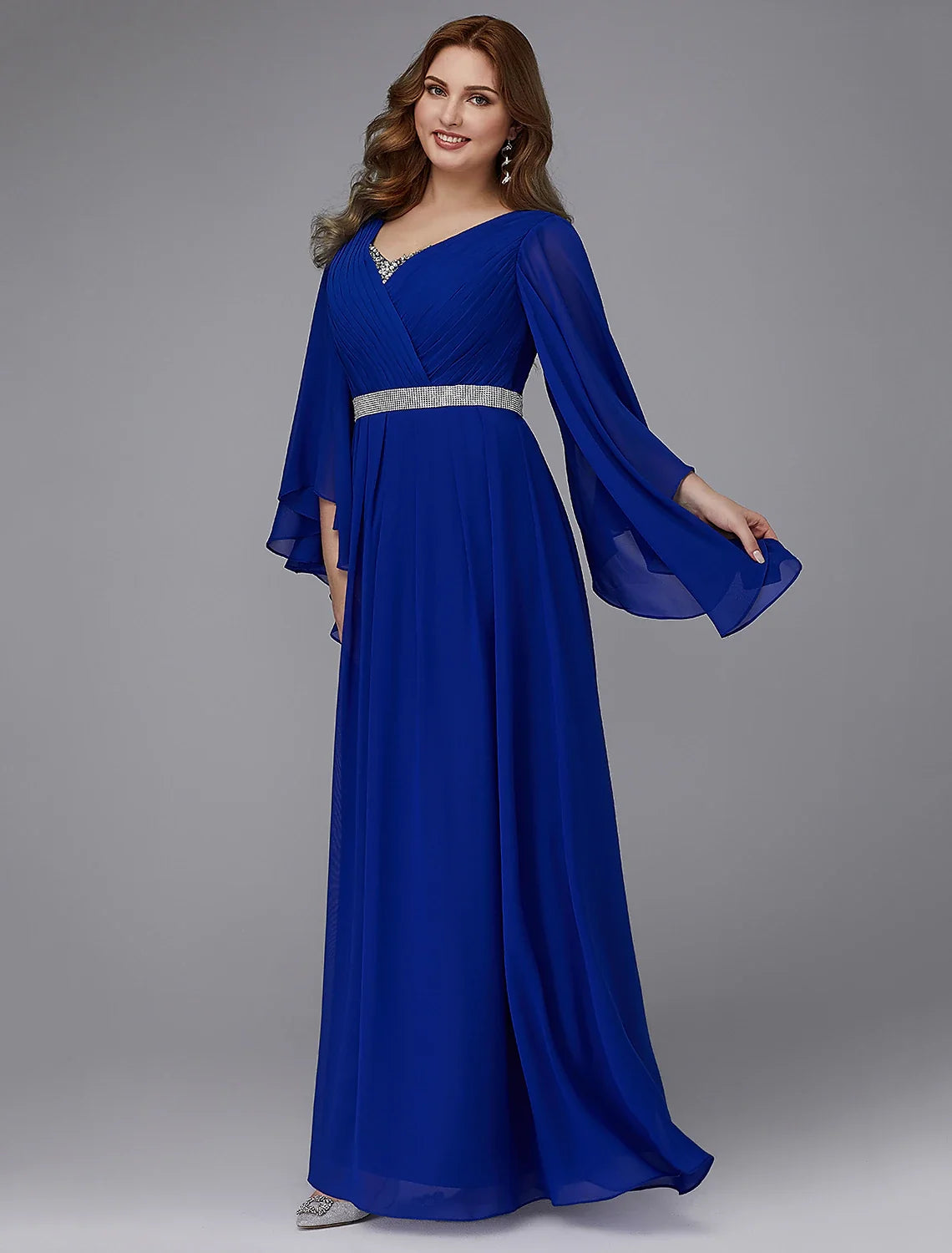 A-Line V-Neck Chiffon Long Sleeve Floor-Length Evening Dress - Chloe Dress