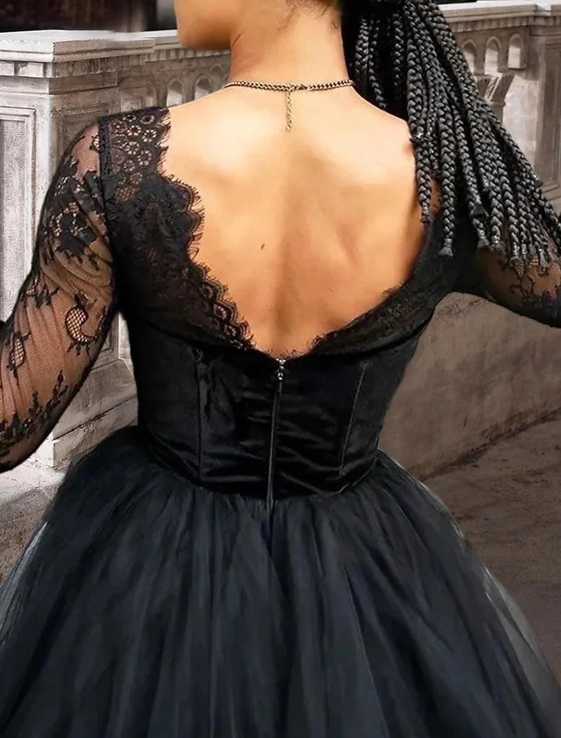 Black A-Line Square Neck Lace Three-Quarter Sleeve Pleated Floor-Length Wedding Gown - Chloe Dress