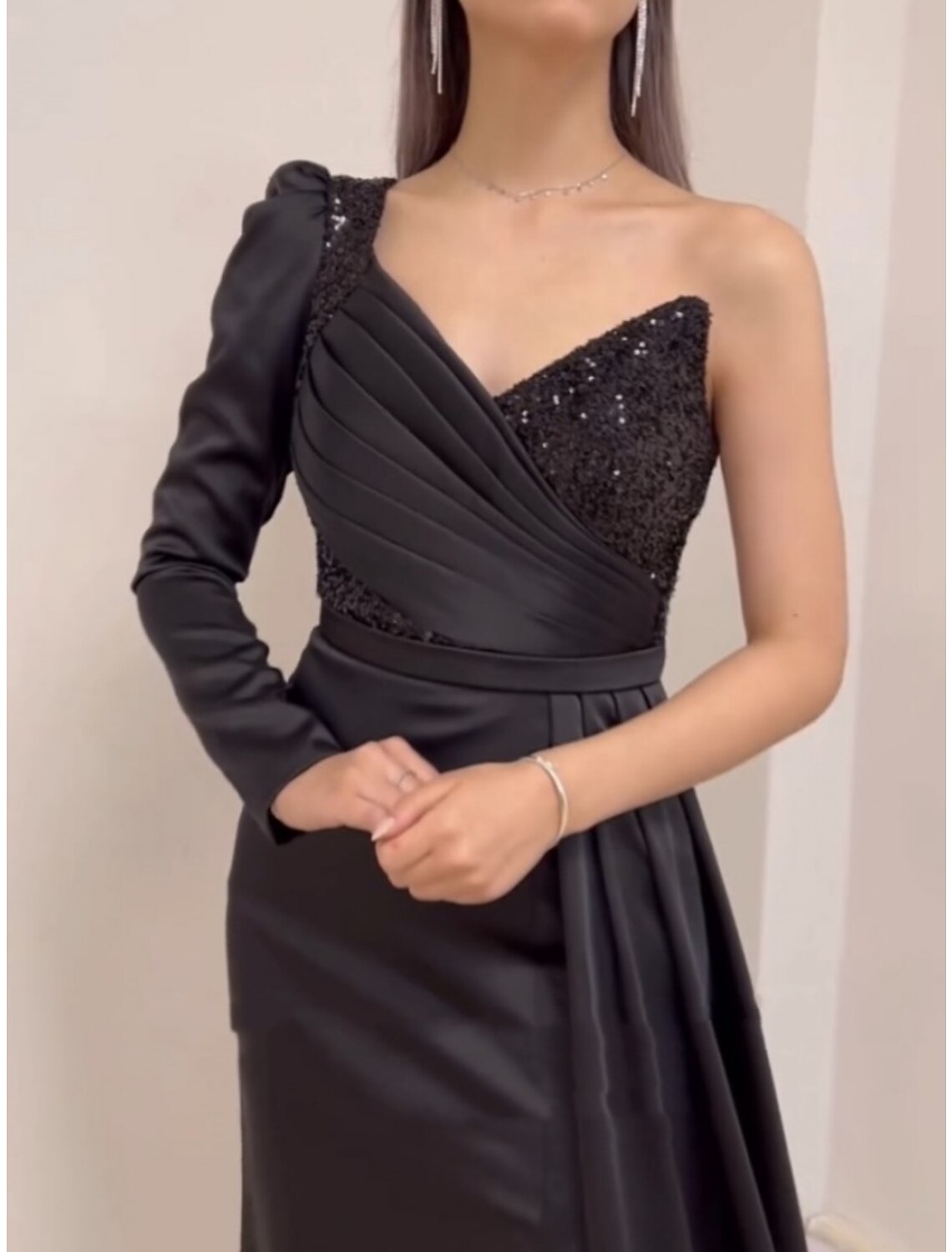 Black A-Line One-Shoulder Satin Long Sleeve Pleated Evening Gown - Chloe Dress